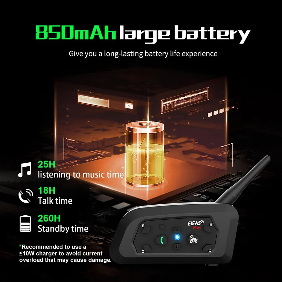EJEAS V6 Pro 1200M BT citofono del motociclo di Bluetooth citofono del casco della motocicletta Headset con controllo del rumore avanzata per un massimo di 6 piloti sci e l'equitazione (2 Pezzo)