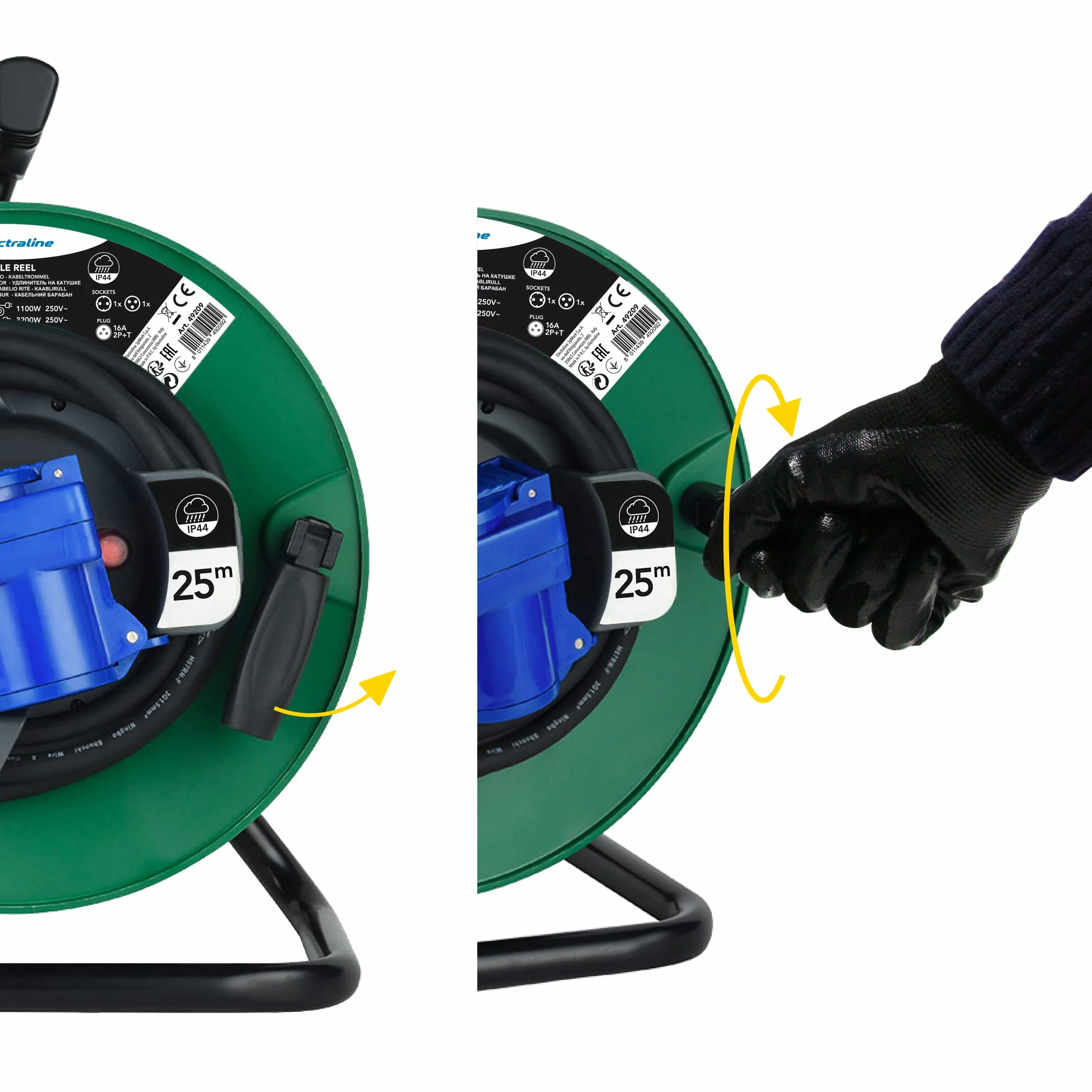 Electraline 49209 prolunga in gomma con avvolgicavo 25 mt per camper, campeggio, caravan, spina CEE 3 poli e 2 prese (industriale+Schuko) - IP44, Verde/Nero