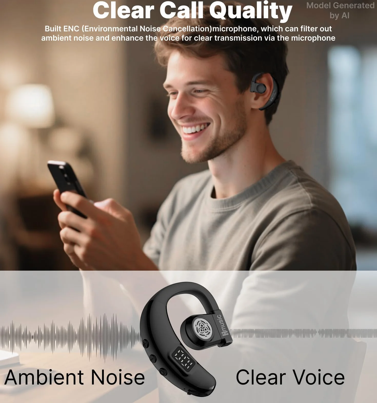 Hmusic Auricolare Bluetooth Singolo V5.4, Rotazione 180°, per Orecchio sinistro e destro, IPX5 Impermeabile, 20 Ore di Autonomia con microfono ENC, per guida, lavoro e sport (nero)