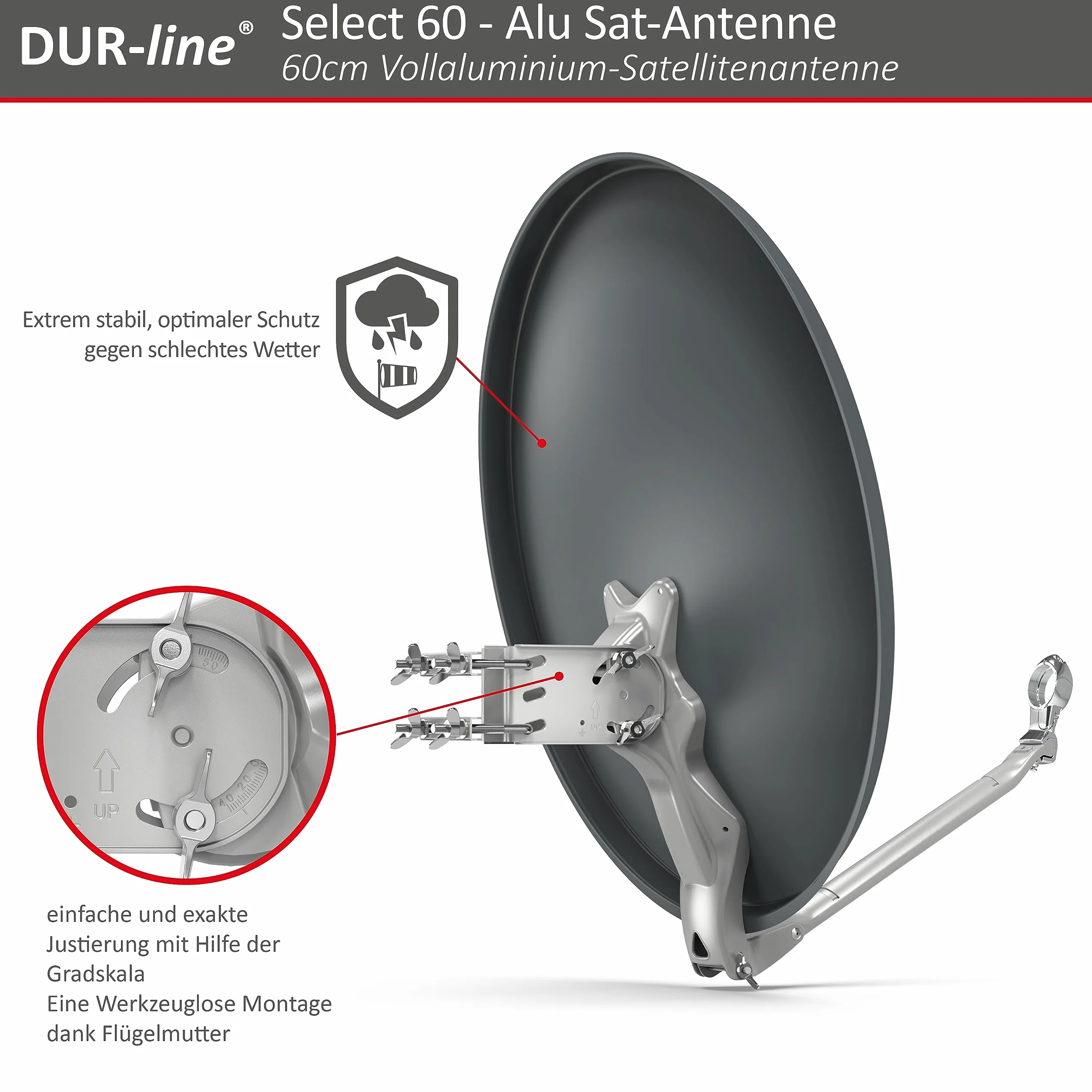 DUR-line Set da 4 partecipanti – Impianto satellitare in alluminio di alta qualità – Select 60 cm/65 cm specchio/ciotola antracite + Quad LNB – per 4 ricevitori/TV [Tecnologia all'avanguardia, DVB-S2,