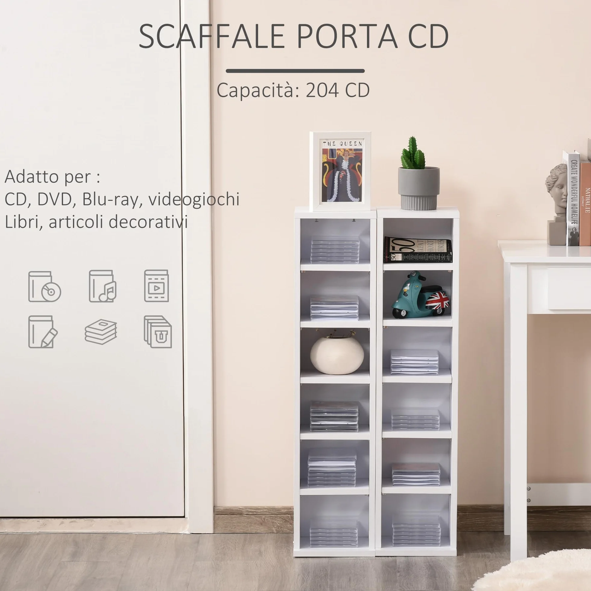 HOMCOM Set 2 Pezzi Scaffali a Colonna Porta CD e DVD a 12 Ripiani Regolabili per 204 CD, Mobile Libreria Alto Salvaspazio in Legno per Camera, Soggiorno e Ufficio, 21x22.5x88.5 cm, Bianco