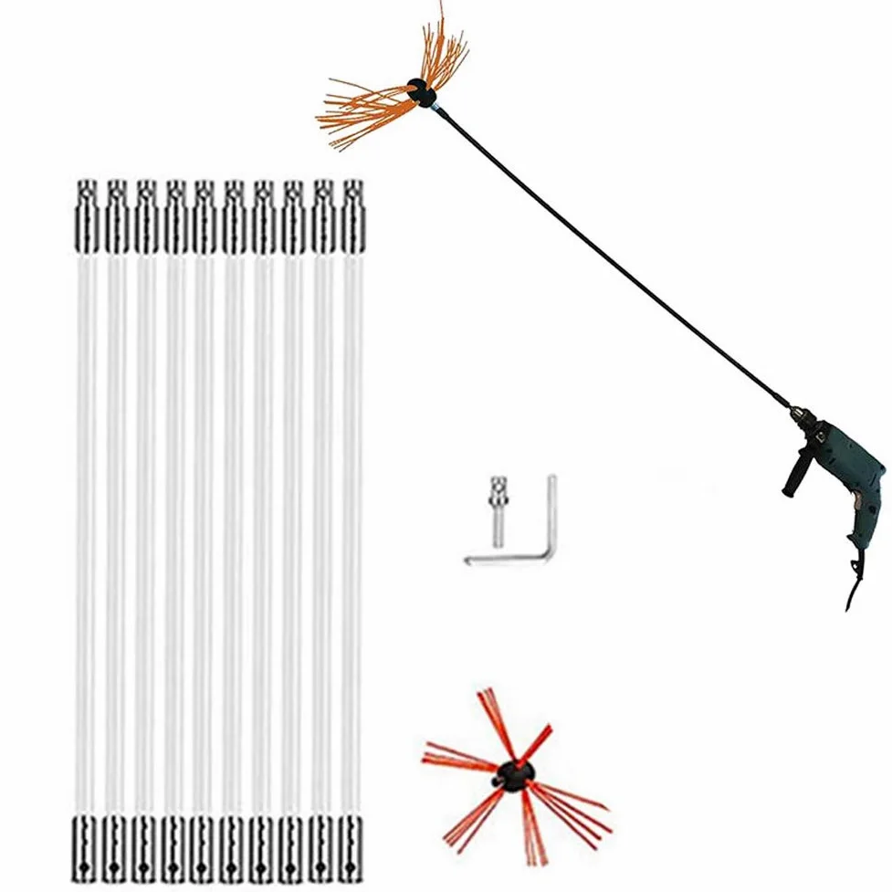 Spazzola per Camino, Kit Spazzole per Pulizia Camino Spazzole con Aste Flessibili in Nylon per Spazzatura per Tubi del Camino, Kit Trapano Elettrico per Spazzole Elettriche, Multi-size,10m