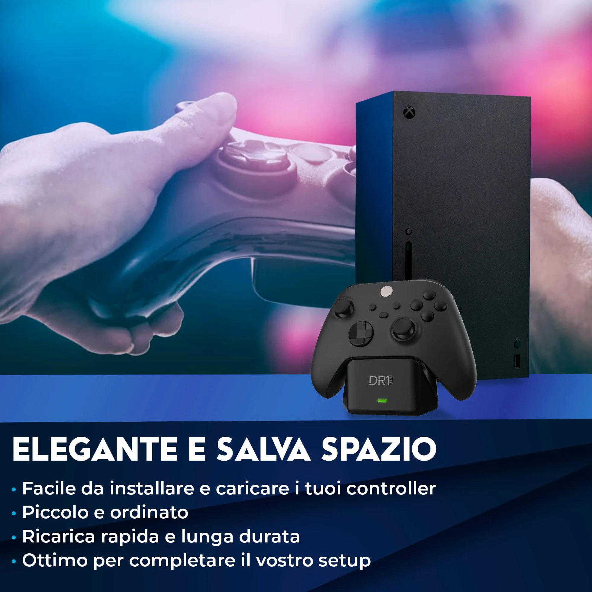 DR1TECH PowerSetX Stazione di Ricarica Rapida per Controller XBOX One X/S, Series X/S + Batteria 1200 mAh - Accessori per XBOX (Controller NON Incluso) [Amazon Exclusive]