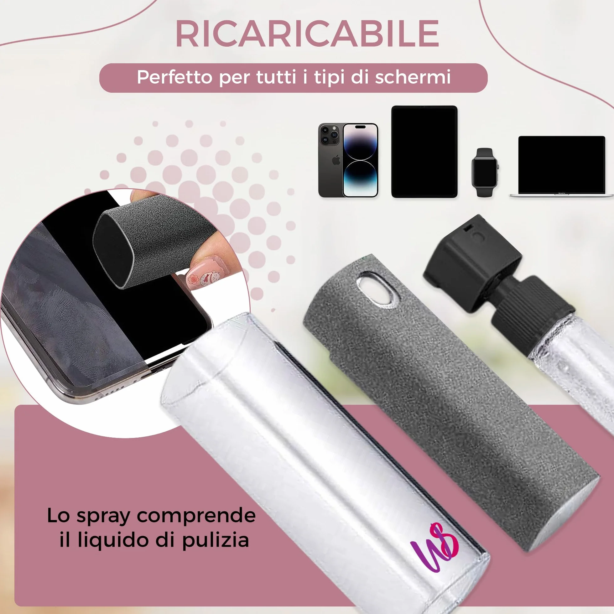 Confezione da 2 pulitori per schermo mobile/PC/TV/iPad/MacBook con panno in microfibra, 2 in 1 pulitore, spruzza e strofina, spruzza e pulisci il tuo schermo all'istante, ricaricabile.