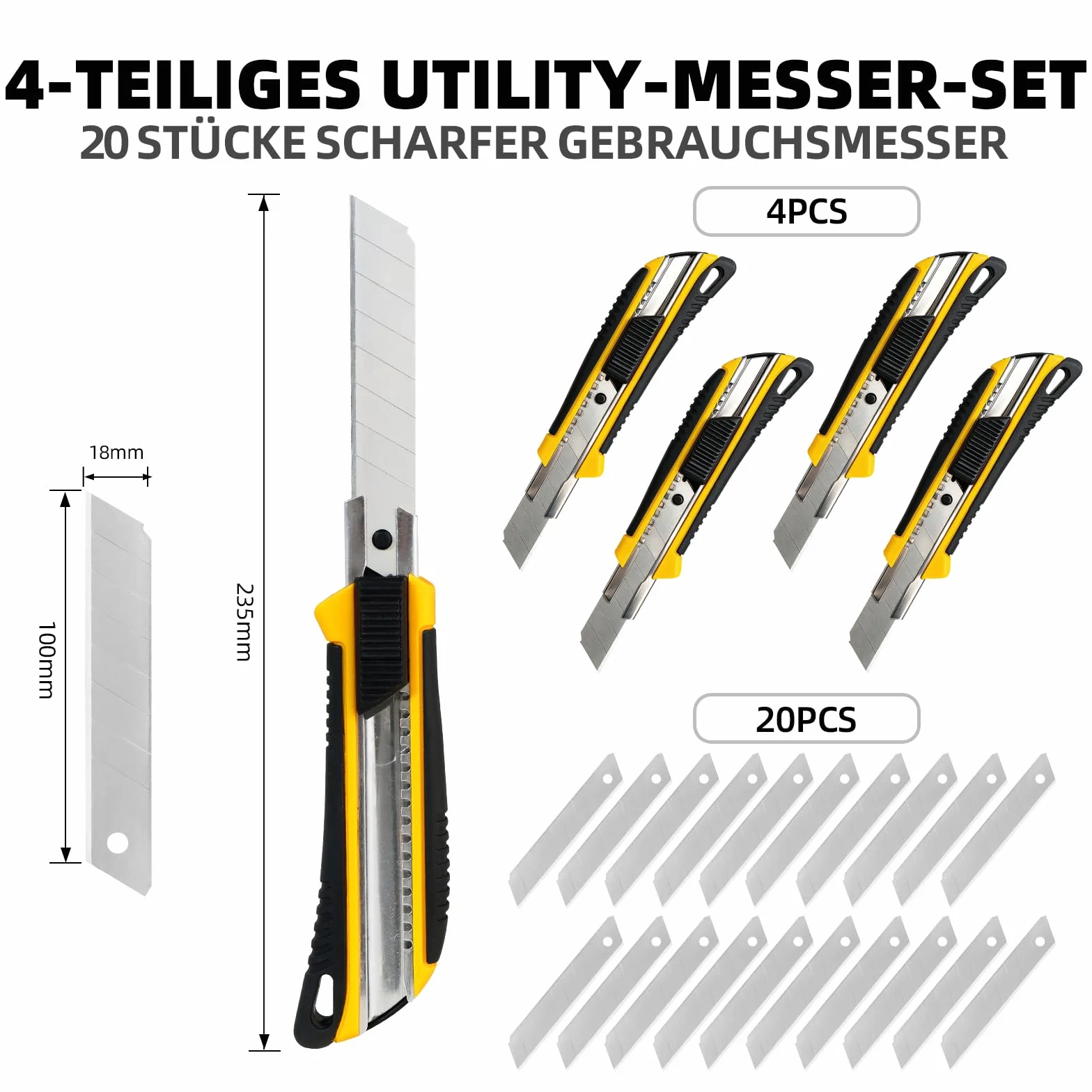 CCLIFE 4 pezzi taglierino professionale 18 mm + 20 lame maniglia antiscivolo per cartone moquette