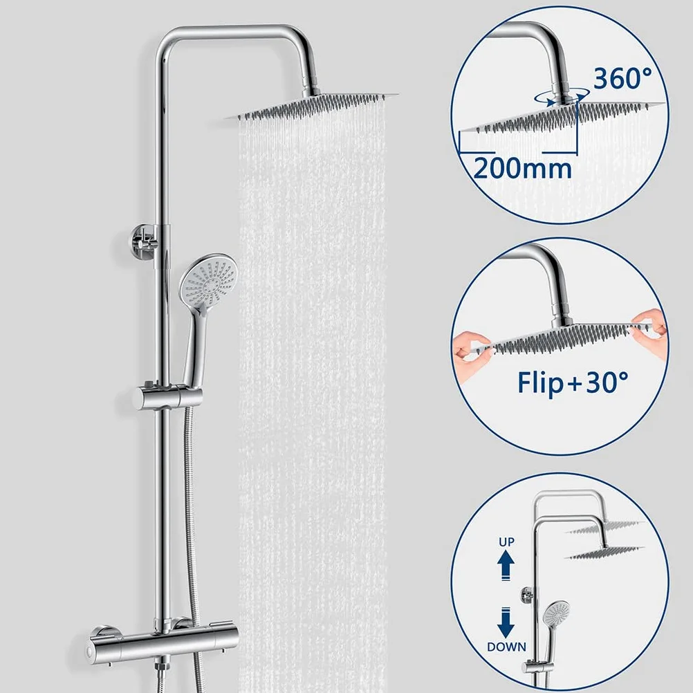 OCEAN ITALY Colonna Doccia con Rubinetto Termostatico, Miscelatore Doccia Soffione Doccia Quadrato in Acciaio Inox 20x20cm, Doccetta Tonda da 108mm, Altezza Regolabile 735-1170mm Cromo