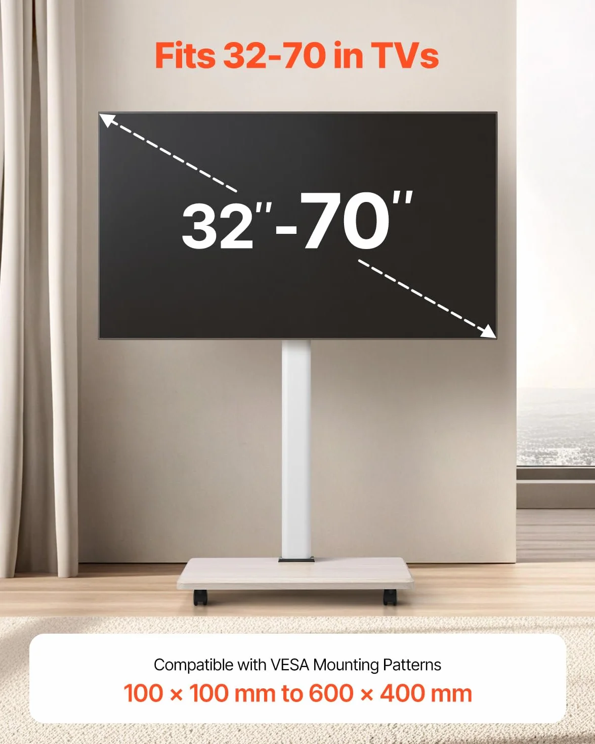 VEVOR Carrello Porta TV con Ruote per Schermo da 812,8-1778 mm Carico max. 45 kg Carrello Porta TV Rotazione Sinistra-Destra 25° Altezza Regolabile con Ripiano per Angolo da Casa Ufficio