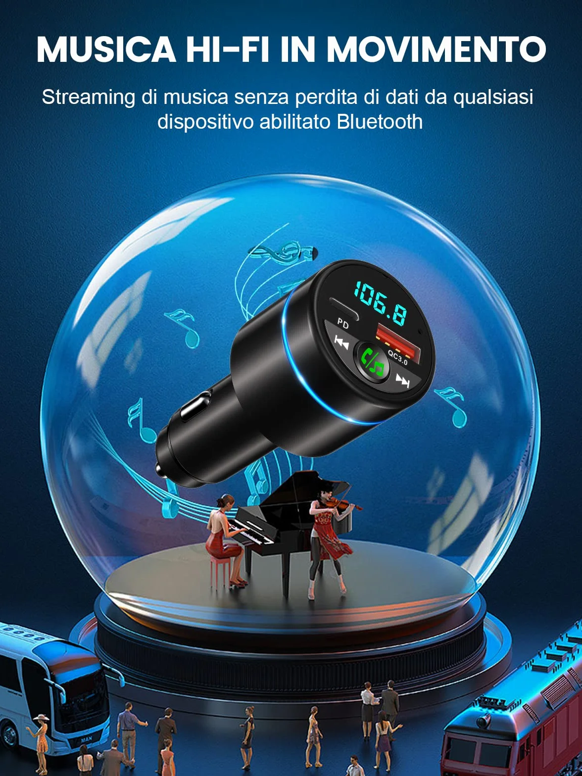 Mohard [Carcassa in Metallo] Bluetooth 5.3 Auto Trasmettitore FM, PD 30W & QC3.0 18W Ricarica Rapida Adattatore Bluetooth Auto Accendisigari, Amplificatori Multicanale Musica Hi-Fi & Chiamate Vivavoce