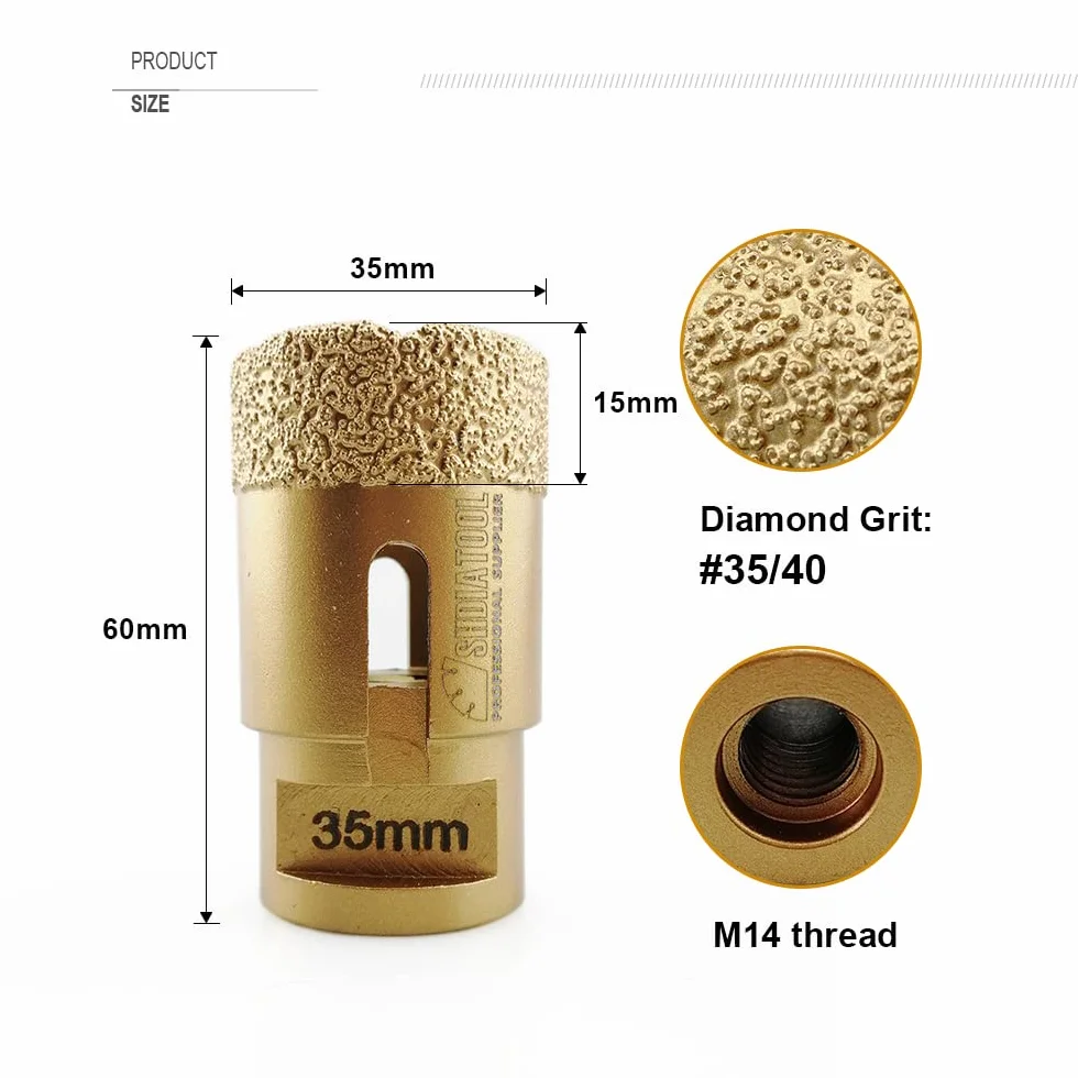 SHDIATOOL Punta per Trapano Diamantata 35mm M14 Vacuum Brasato per Porcellana Granito Marmo