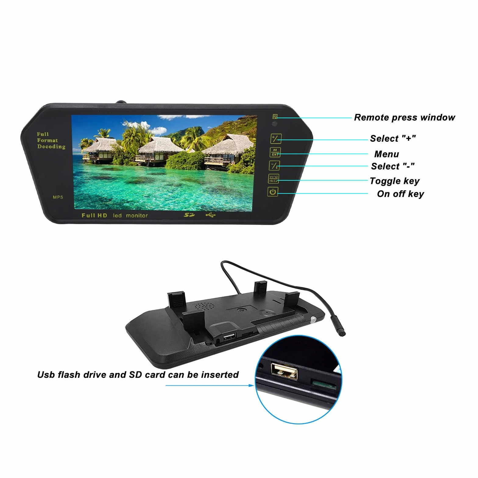 Telecamera per Specchietto Retrovisore, Dash Cam a Specchio 7 Pollici con Fotocamera a 4 LED, Telecamera Posteriore 1080P per Auto, Telecamera di Backup Impermeabile (Senza