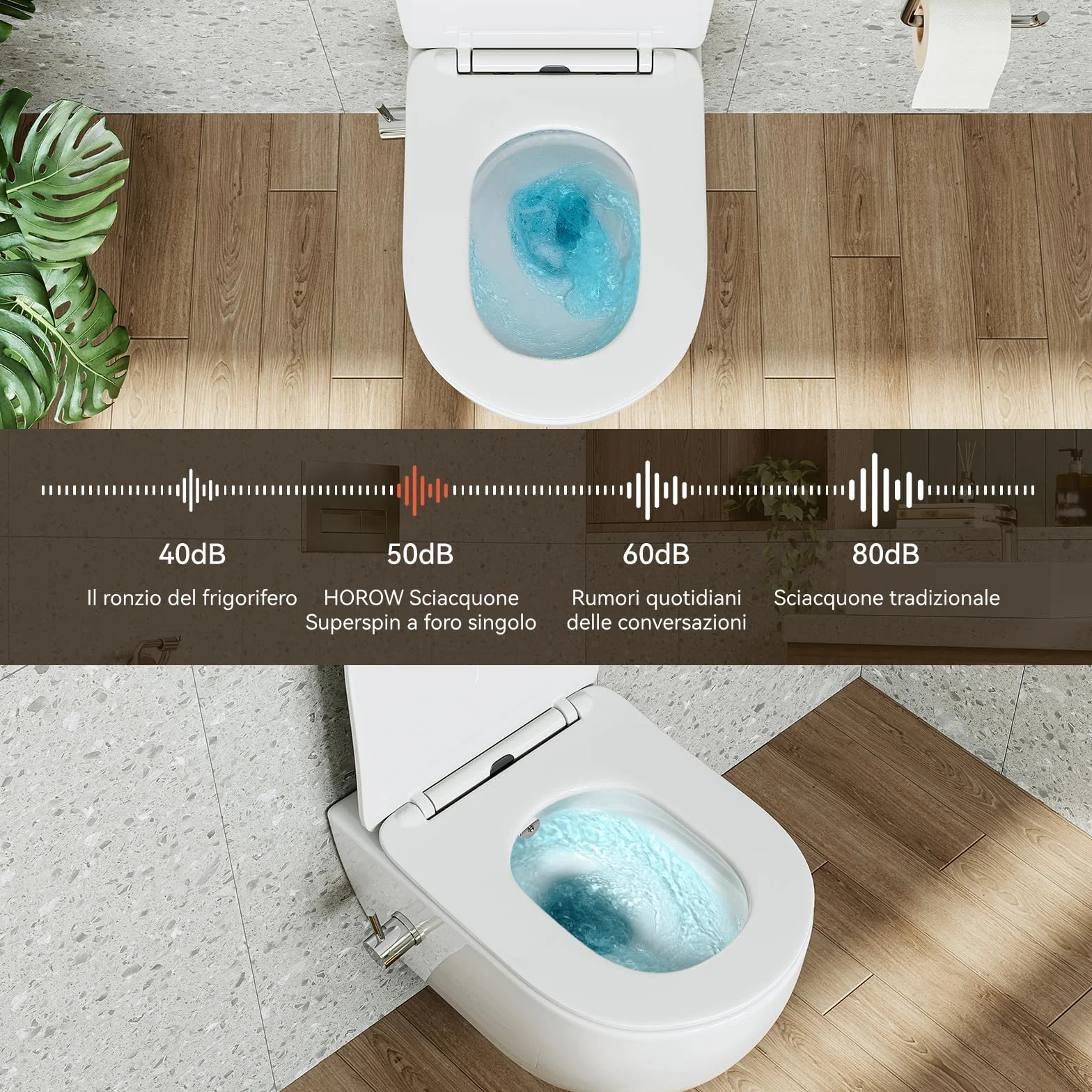 HOROW WC sospeso con bidet integrato, nano-rivestimento, sedile con abbassamento automatico, acqua fredda, 53x36x35 cm