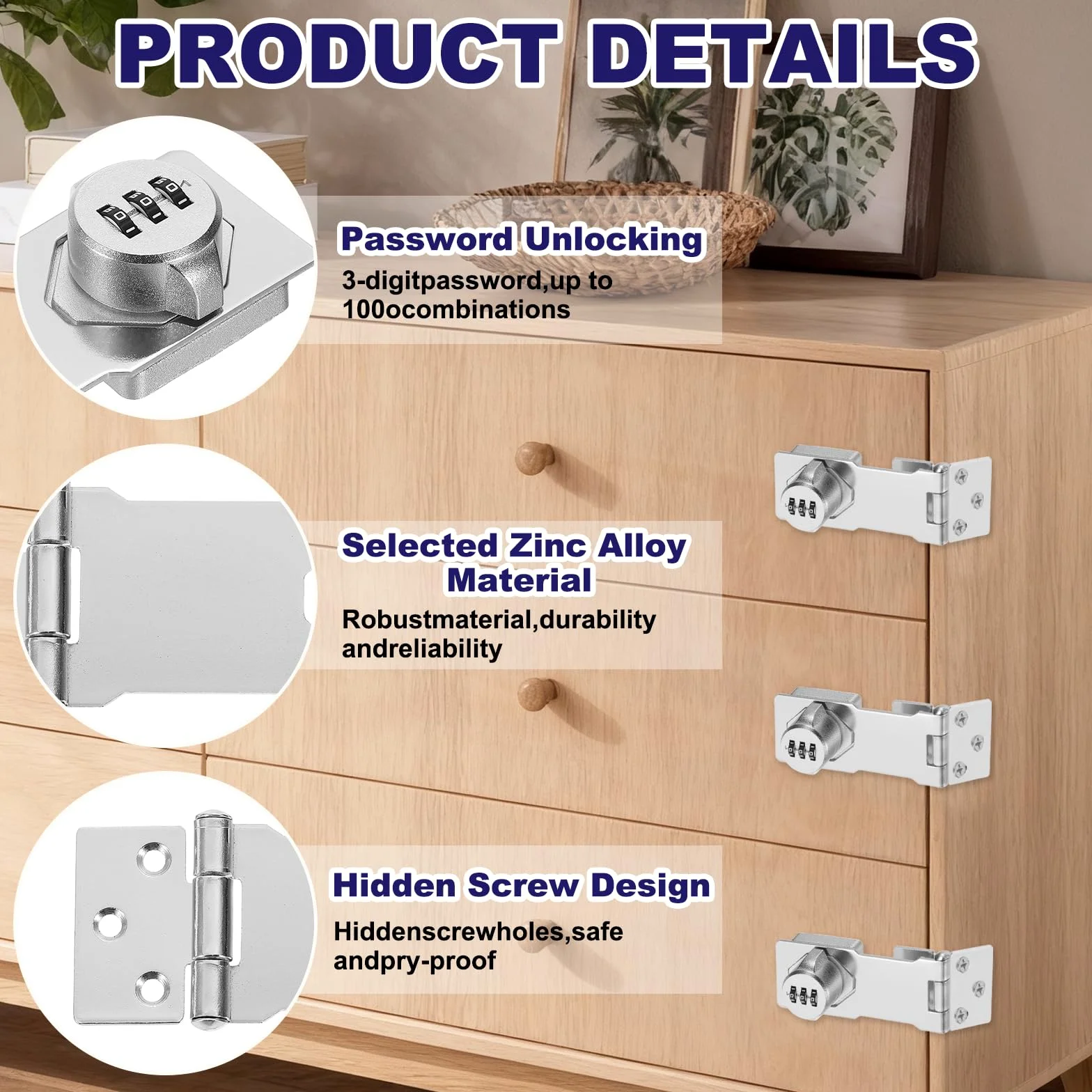 4 serrature senza chiave per armadietti con codice a combinazione (11,4 cm) – 3 cifre password serratura meccanica con password, per cassetti, armadi, recinzioni, porte, argento