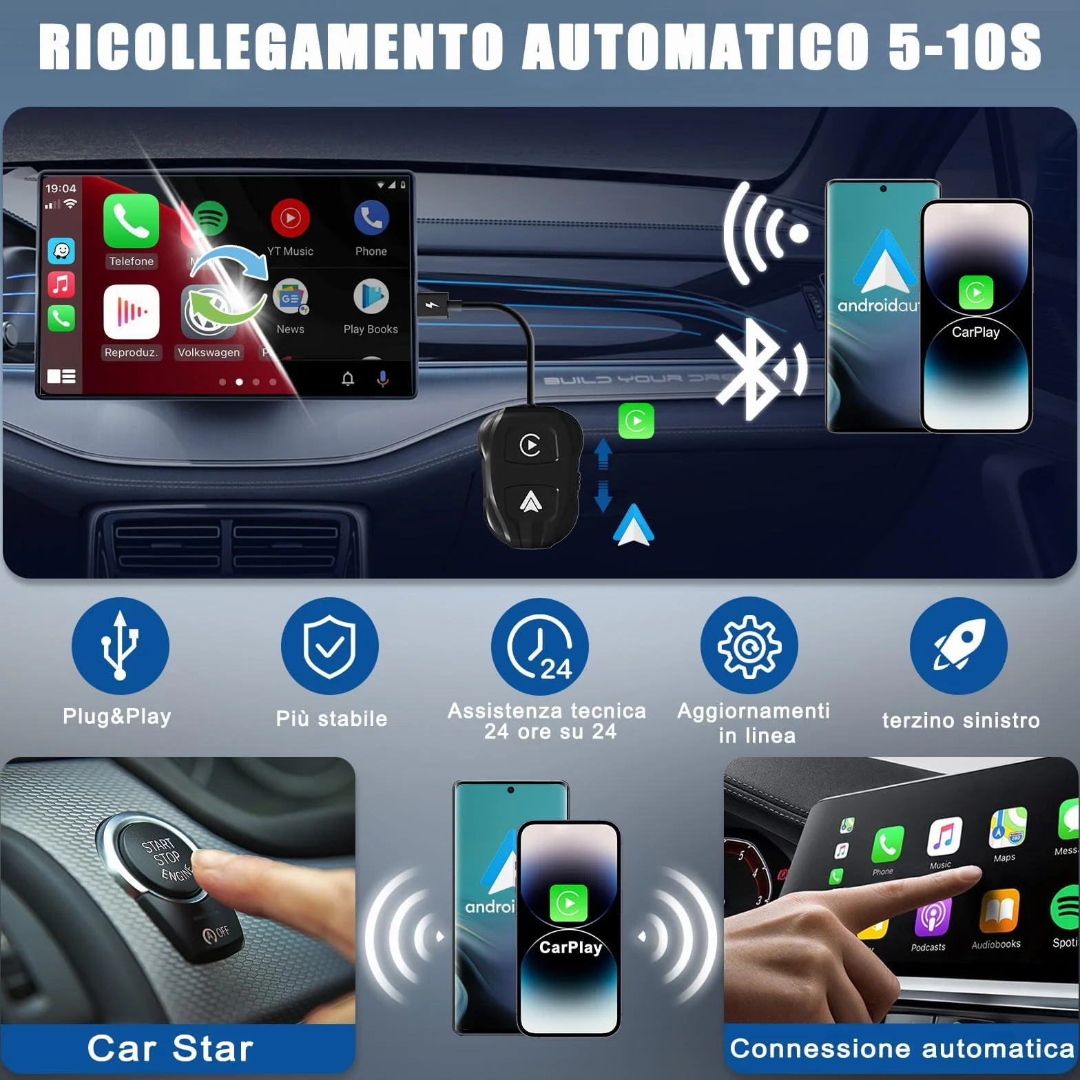 2025 CarPlay Wireless ios & Android Auto Wireless Adattatore [2-in-1], Adattatore Converti Wired in Wireless Android Auto Wireless per Auto con Funzione Carplay o Android Auto, connessione automatica
