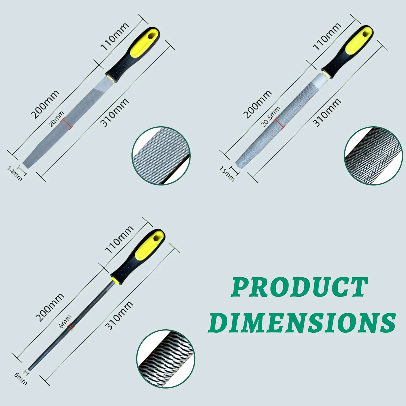 Set di Lime Metallo 3 Pezzi Acciaio al Carbonio 200mm Lima Piatta Rotonda Semitonda Manico Gomma