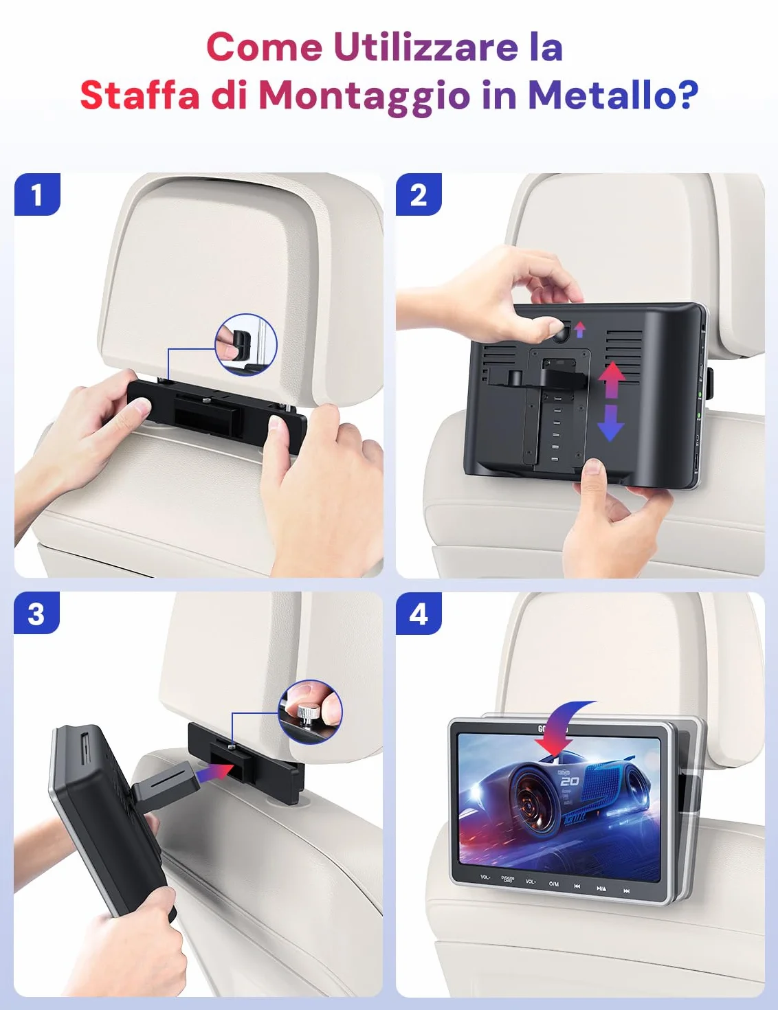 GOnavidio Lettore DVD per Auto 10,1'' con Ingresso HDMI, Lettore DVD per Auto con Supporto per Poggiatesta, Supporto video 1080P, Scheda USB/SD, AV IN/AV OUT, Resione Libera (No Batteria)