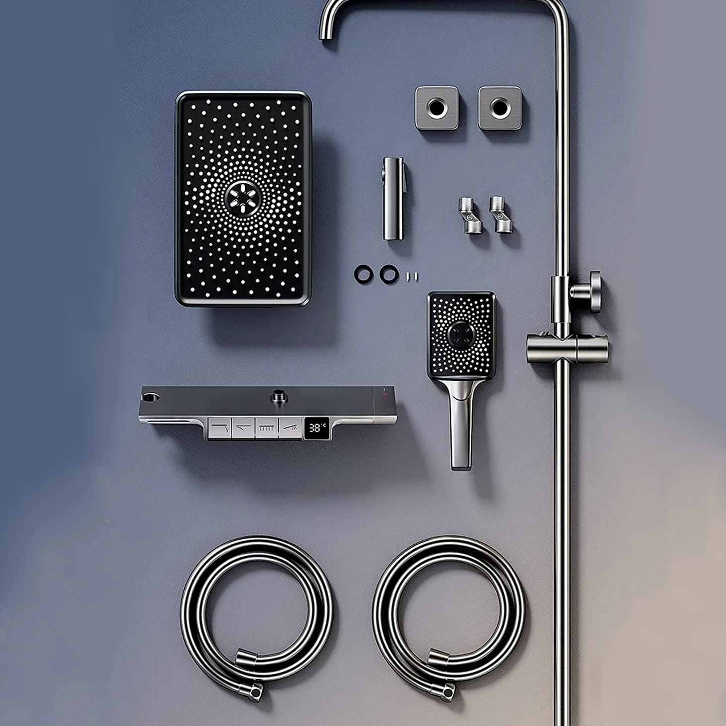 Set Doccia termostatico, Set Rubinetto a Parete, soffione a Pioggia con doccetta, beccuccio per Vasca, doccetta per Bidet e Kit di valvola con visualizzazione della Temperatura