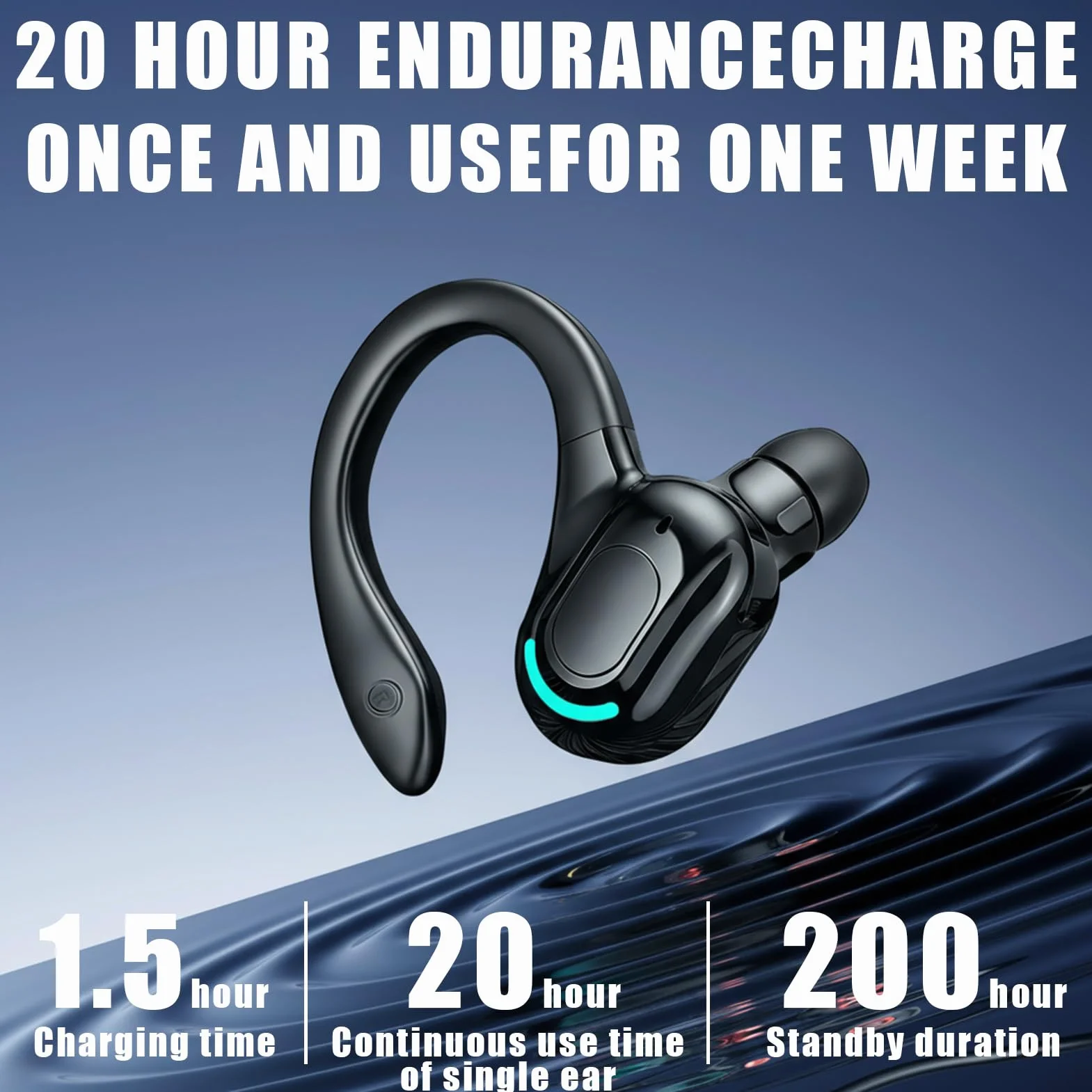 Auricolare mono Bluetooth wireless, durata della batteria di 20 ore, kit vivavoce V5.2 con microfono con cancellazione del rumore per Android, PC, ufficio, sport, auricolare rotante a 360°