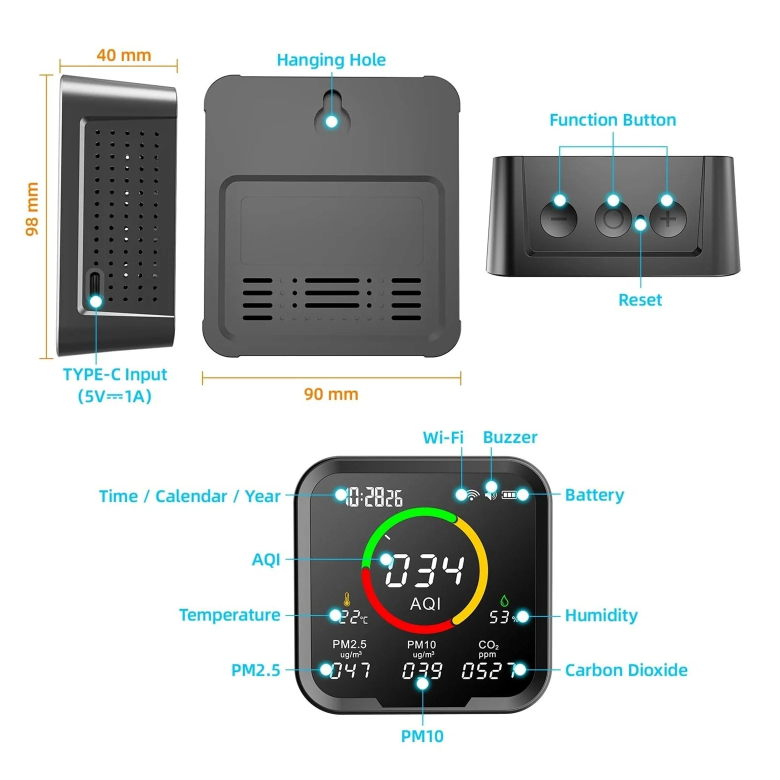 Rilevatore di gas, Rilevatore di CO2 6 in 1, monitor a qualità 'aria, misuratore anidride carbonica, tester temperatura e umidità digitale, orologio,per casa e camper