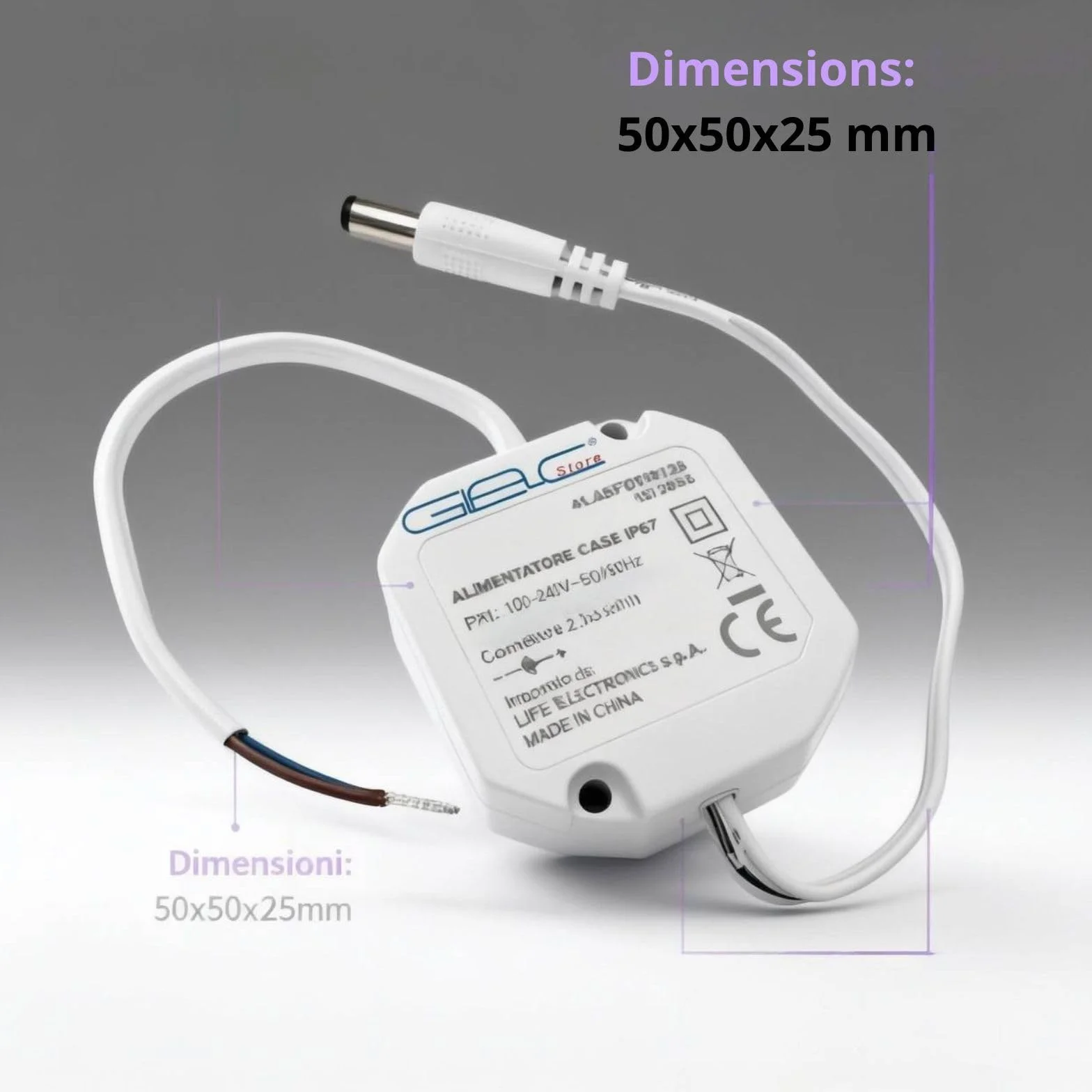 Alimentatore IP67 Impermeabile, Tensione Costante 12V DC, 100-240V AC, Dimensioni 50x50x25mm, Protezione Sovraccarico, Certificato CE (2A-24W)