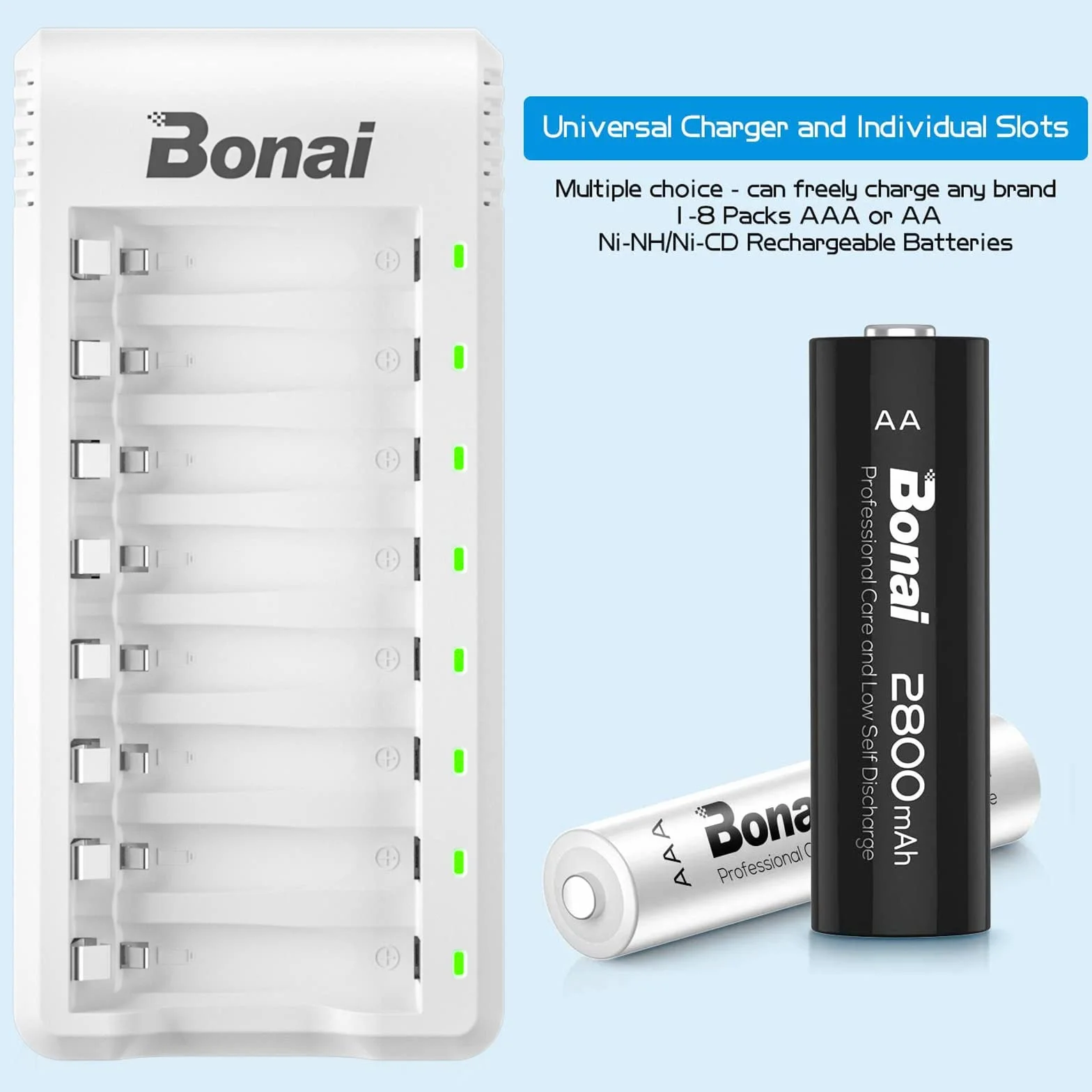 BONAI Caricabatterie Pile Ricaricabili AA AAA con Indicatori LED, Carica Batterie 8 Slot Indipendenti per Ni-MH, Caricatore Intelligente con Ingresso USB per Pile Stilo e Ministilo