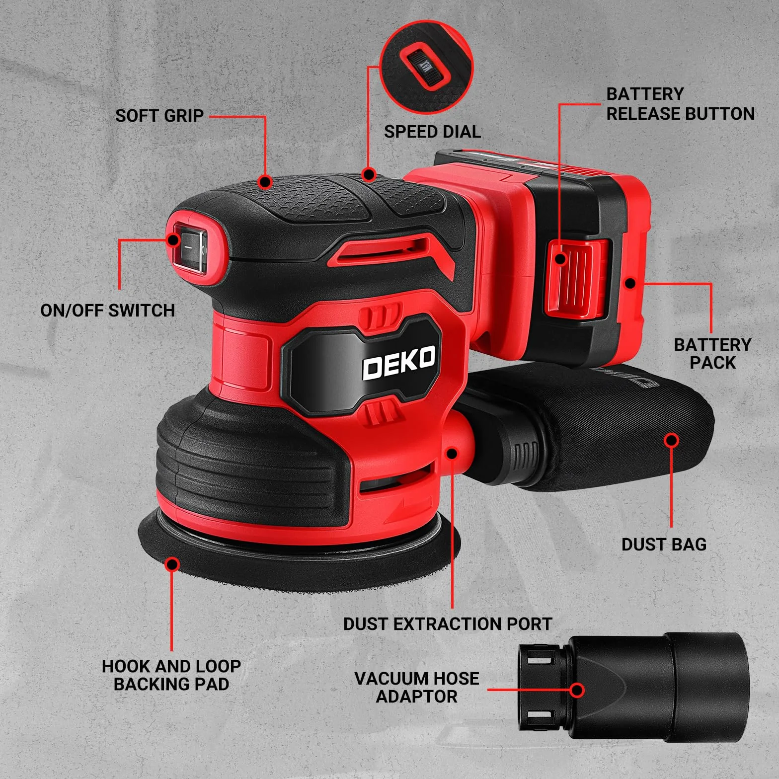 Levigatrice Orbitale a Batteria: DEKOPRO Levigatrice Rotorbitale con 1 Batteria 2000mAh, Orbitale per Legno da 125 mm, 13000 RPM, con Sacchetto per la Polvere e 15 Fogli di Carta Vetrata Rosso