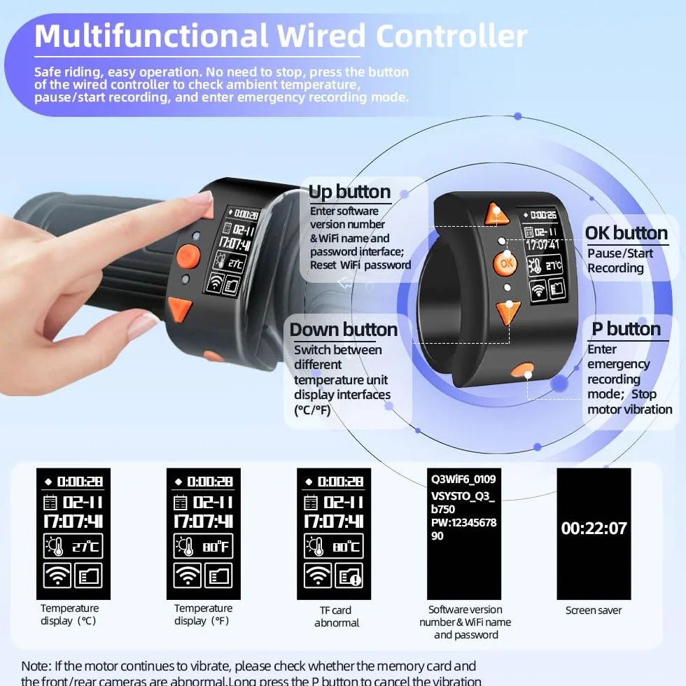 VSYSTO Moto Dash cam, 5G WiFi téléchargement vidéo haute vitesse, contrôleur de câble OLED, étanche starlight nuit vision HD 1080P avant et arrière caméra, affichage de la température