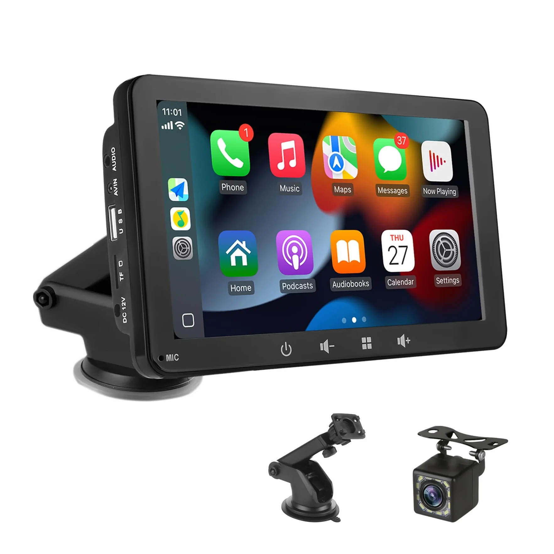 Schermo Auto 7" con Carplay Wireless e Android Auto - Display Portatile con Telecamera Posteriore | FM Trasmettitore, AUX, USB | Plug & Play per la maggior parte delle auto (7 pollici + fotocamera)