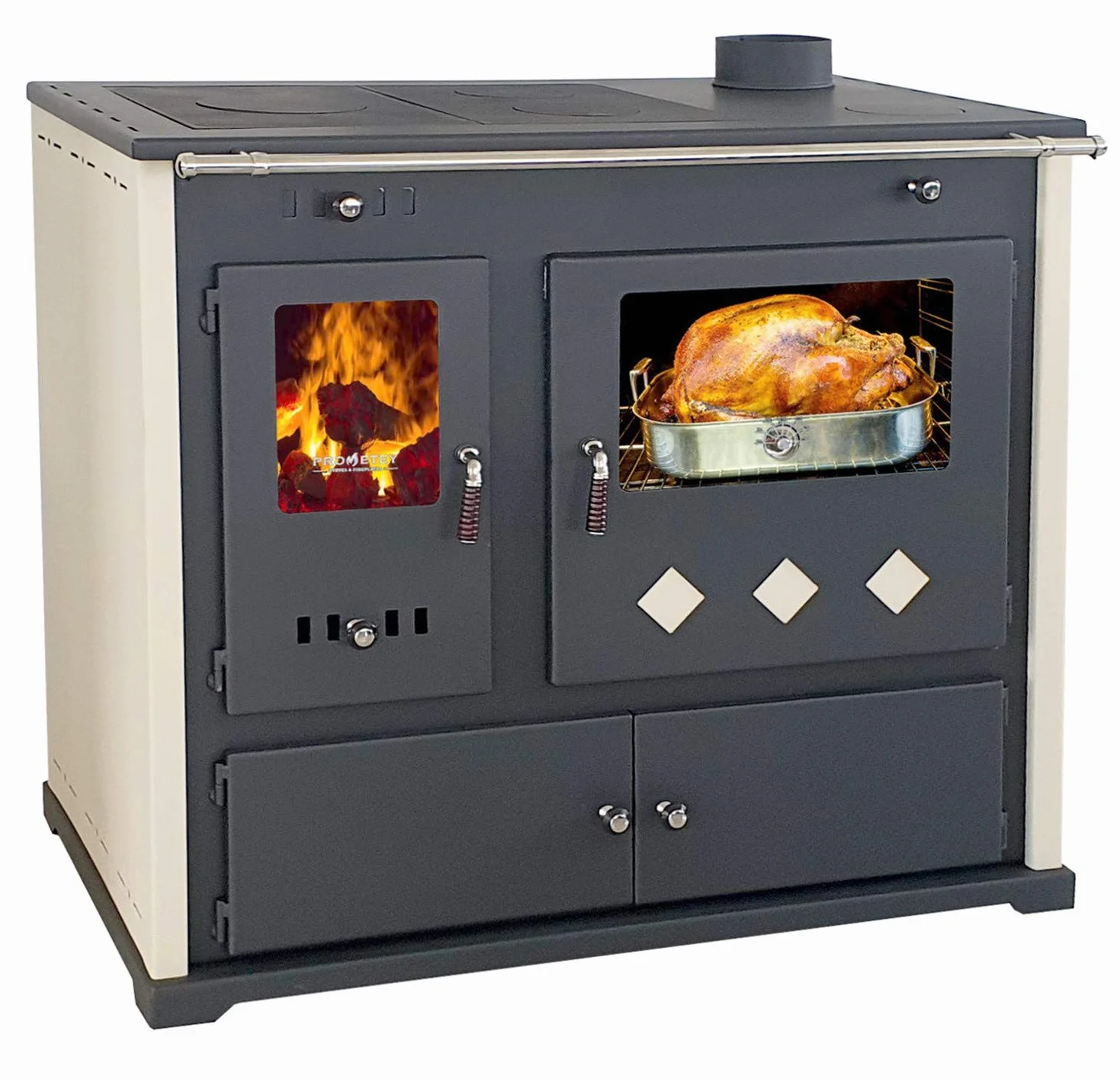 EEK A+, Metallo Stufa a Legna Practik Lux 9,5 kW Con Vano e Piastra di Cottura, da Officina, Svedese, Beige/Nero