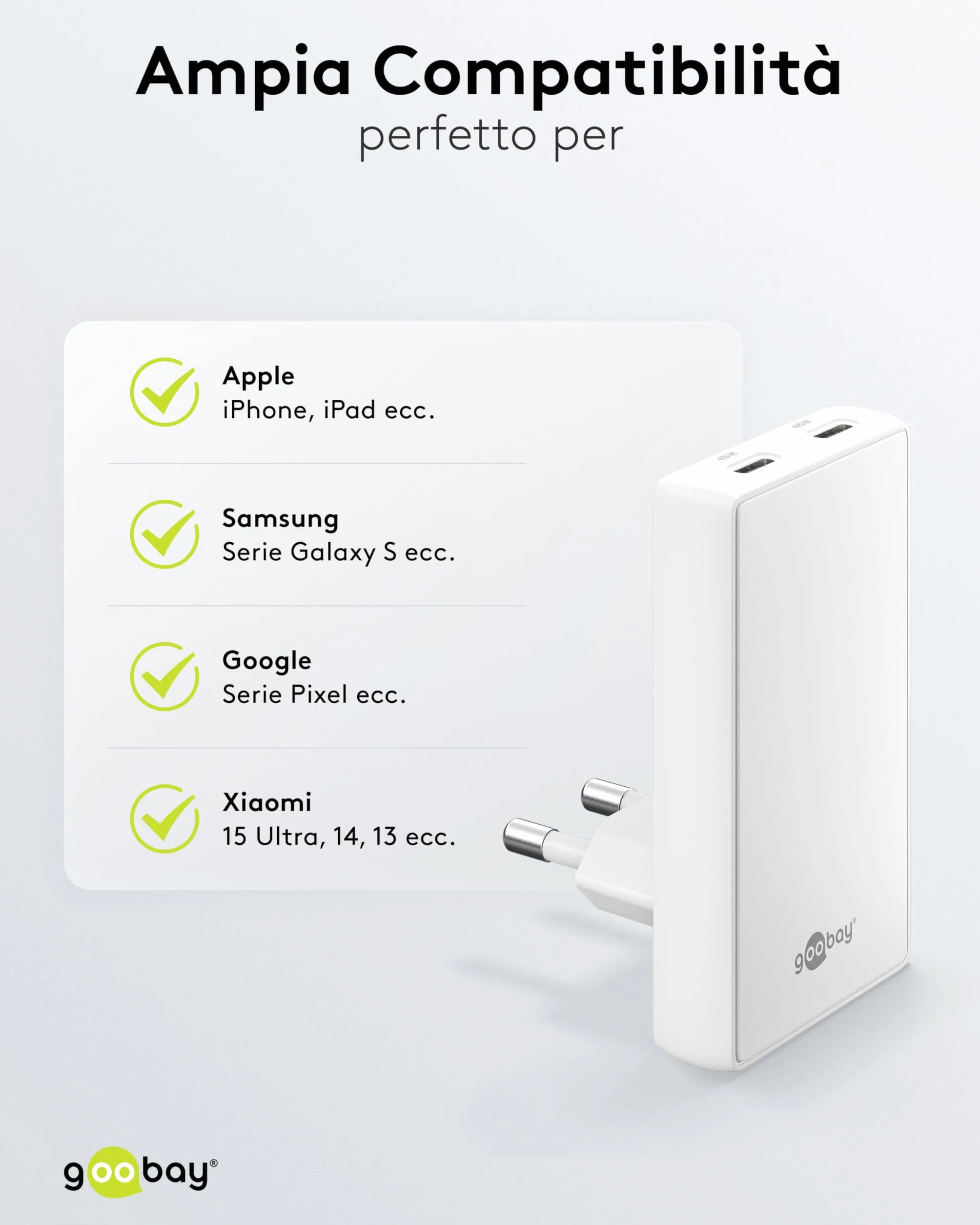 goobay GaN Caricatore USB C piatto da 45 W, doppia porta (2 x USB-C), design piatto a 90°, ultra sottile e salvaspazio, per Apple, Samsung, Huawei, tablet, ecc.,bianco,75722