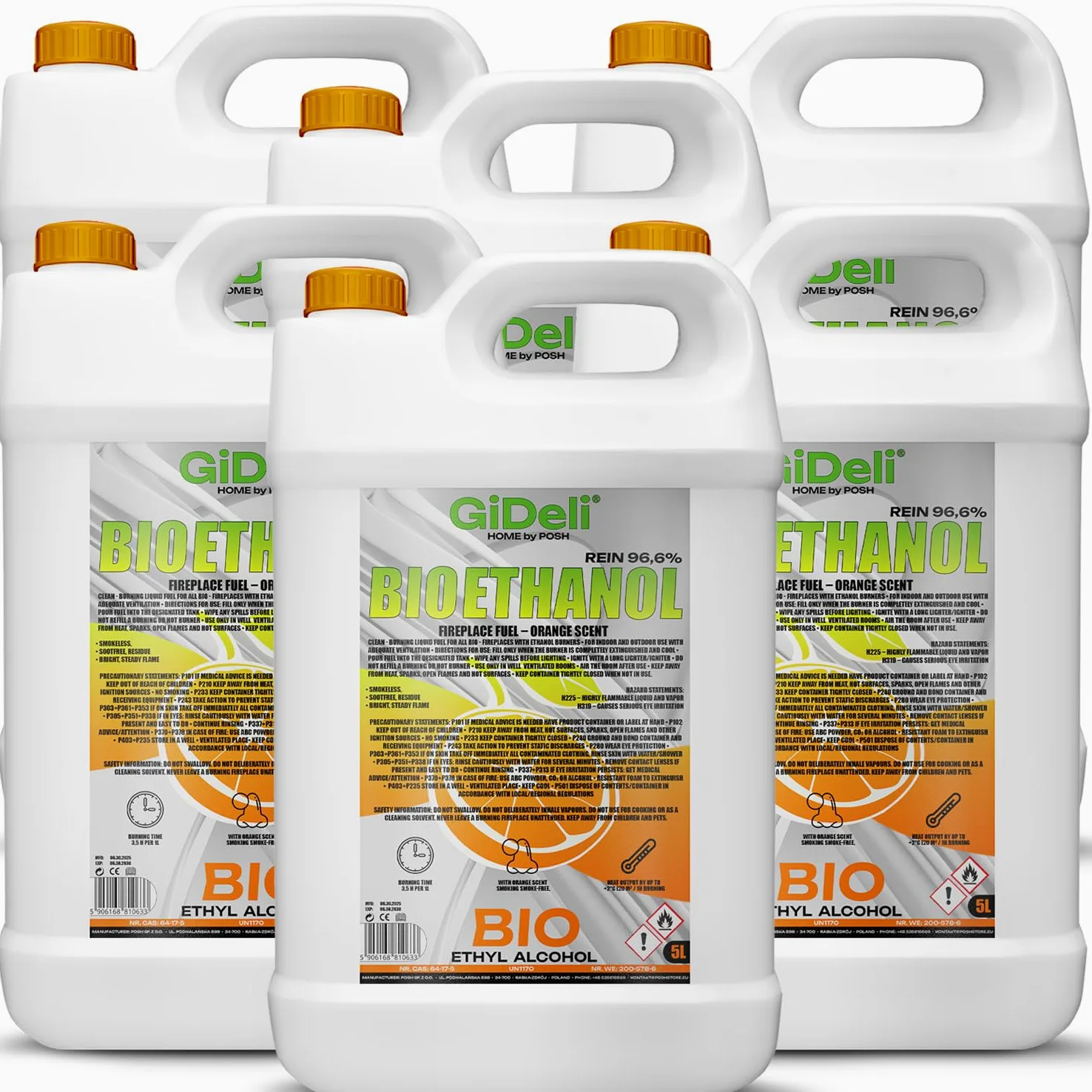 GiDeli Bioetanolo, 6 x 5 l, profumo d'arancia, 96,6% etanolo, per camini interni ed esterni, senza fumo e fuliggine, da mais e barbabietola da zucchero