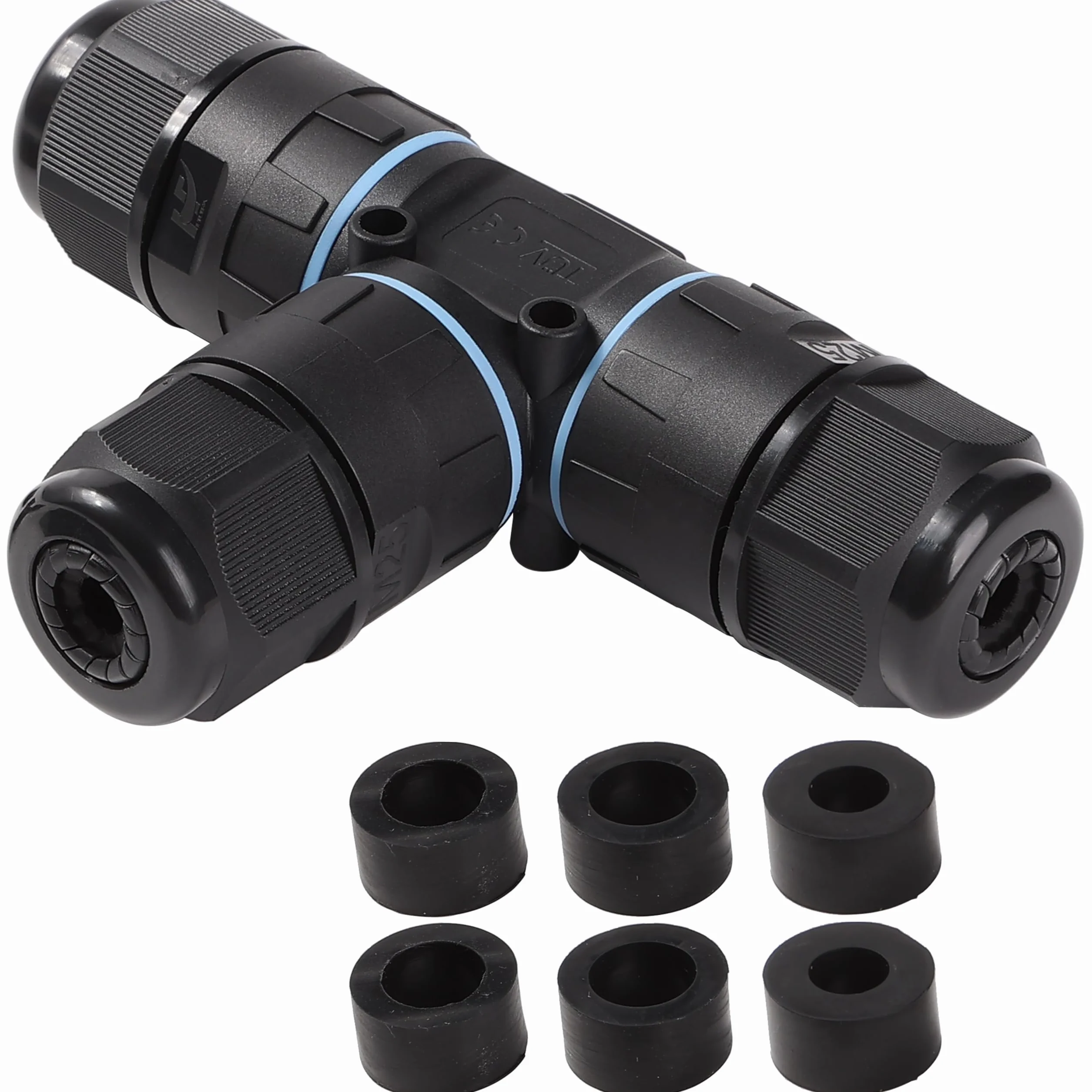 Electraline 71738 Connettore Stagno a forma di T, 5 Poli, 3 Vie, Ideale per giardini e spazi esterni, Per cavi esterni IP68