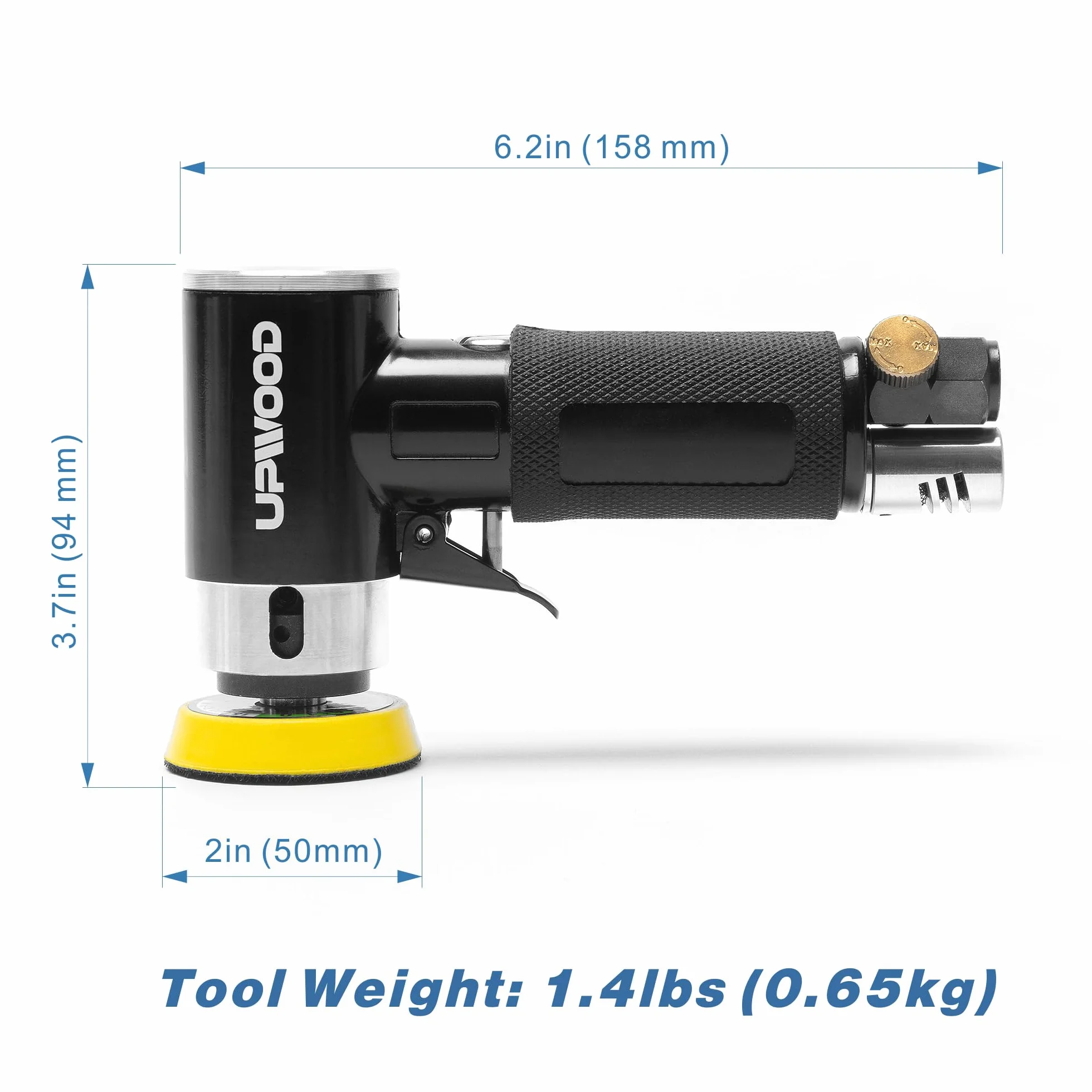 Mini levigatrice ad aria compressa con tamponi da 2 pollici e 3 pollici, mini levigatrice pneumatica da 25 mm/50 mm per la pulizia della vernice di carrozzeria con 24 pezzi di carta abrasiva