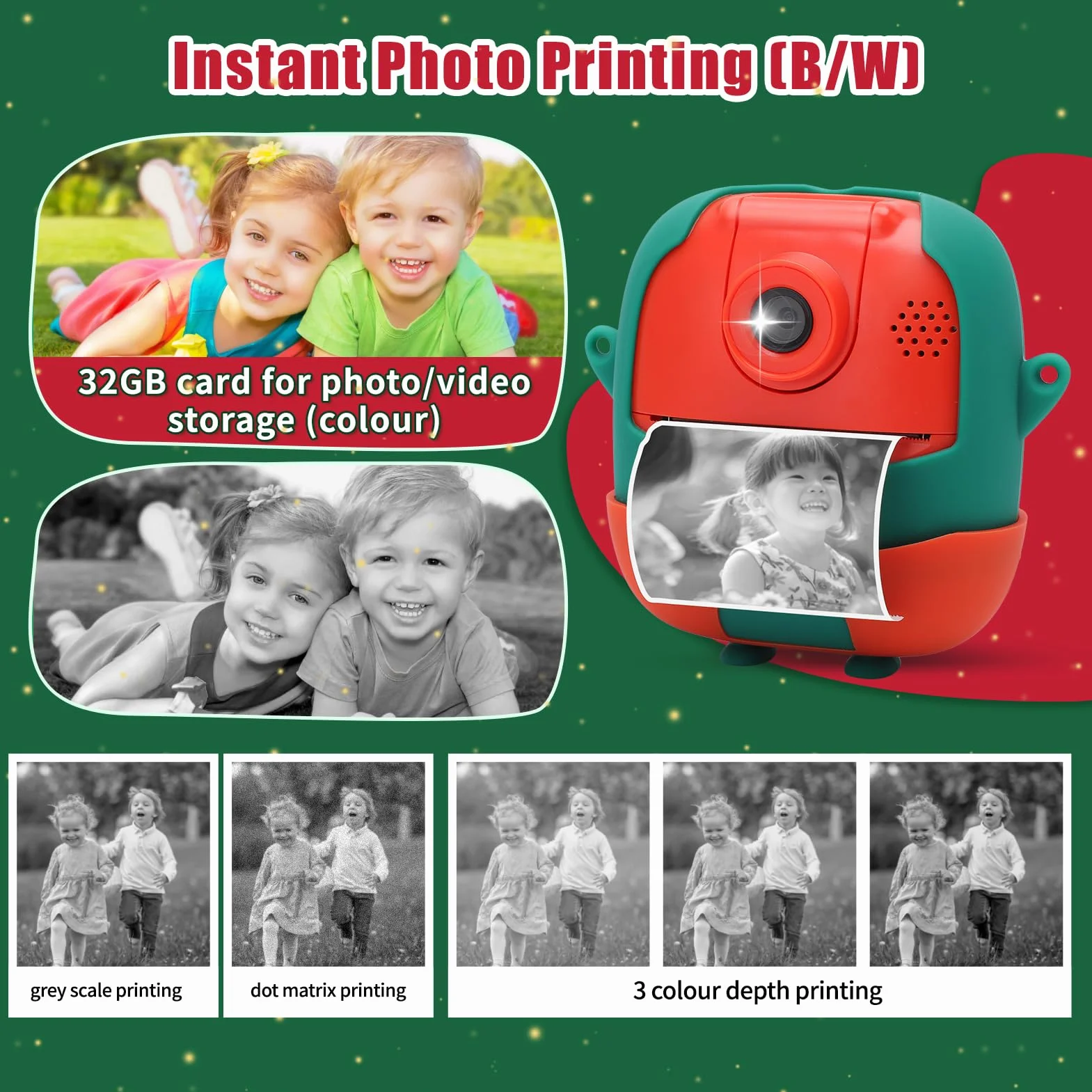 Macchina fotografica di stampa istantanea per i bambini, 24MP & 1080P bambini fotocamera digitale, Natale regalo di compleanno per la ragazza ragazzo età 3-12, stampa foto in bianco e nero (Natale)