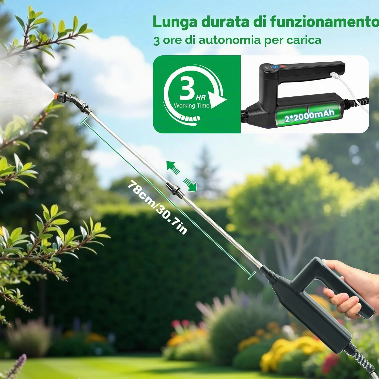 SYLSTAR Pompa Irroratrice a Batteria da 5L, 3 Velocità di Pompa Irroratrice,7.4V Spruzzatore Forte con Indicatore di Batteria, 4 Ugelli Regolabili Nebulizzatore Piante per Giardino (Verde)