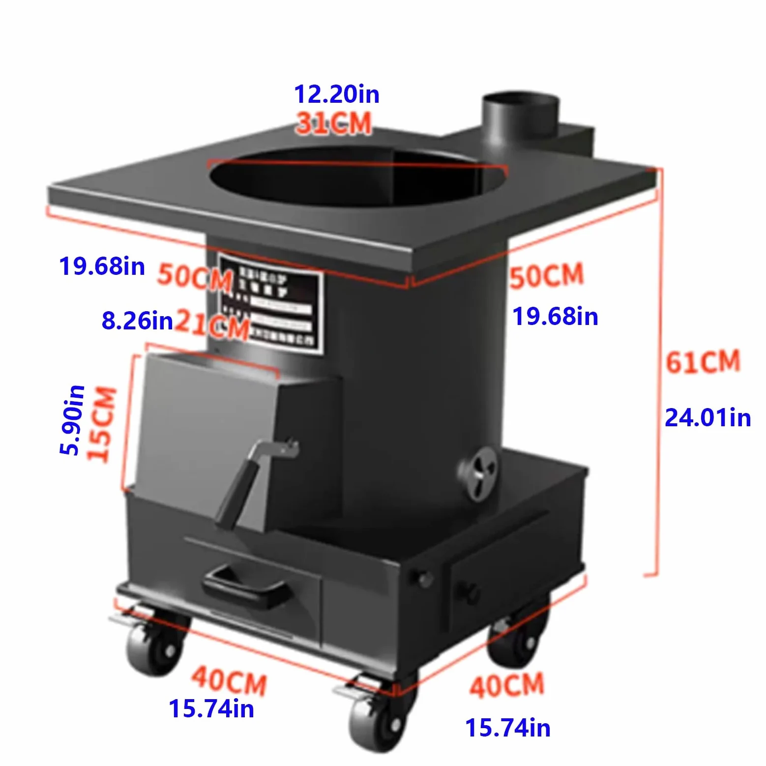 Stufa A Legna A Gasificazione In Ghisa 10MM Con Canna Fumaria Da 200 Cm E Ruote Bloccabili Per Riscaldamento E Cucina Domestica, Carico 250kg(50 * 50 * 61cm)