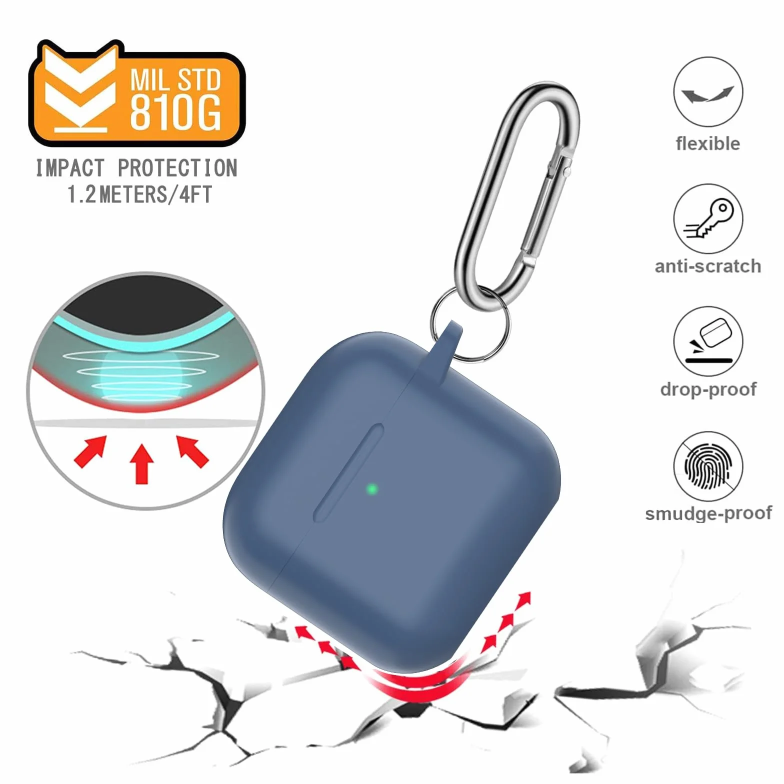 Custodia per AirPods 4 2024, Case Protettiva in Silicone per AirPods 4th 2024 Cover in Silicone Visibile a LED Frontale con Moschettone, Navy Blu
