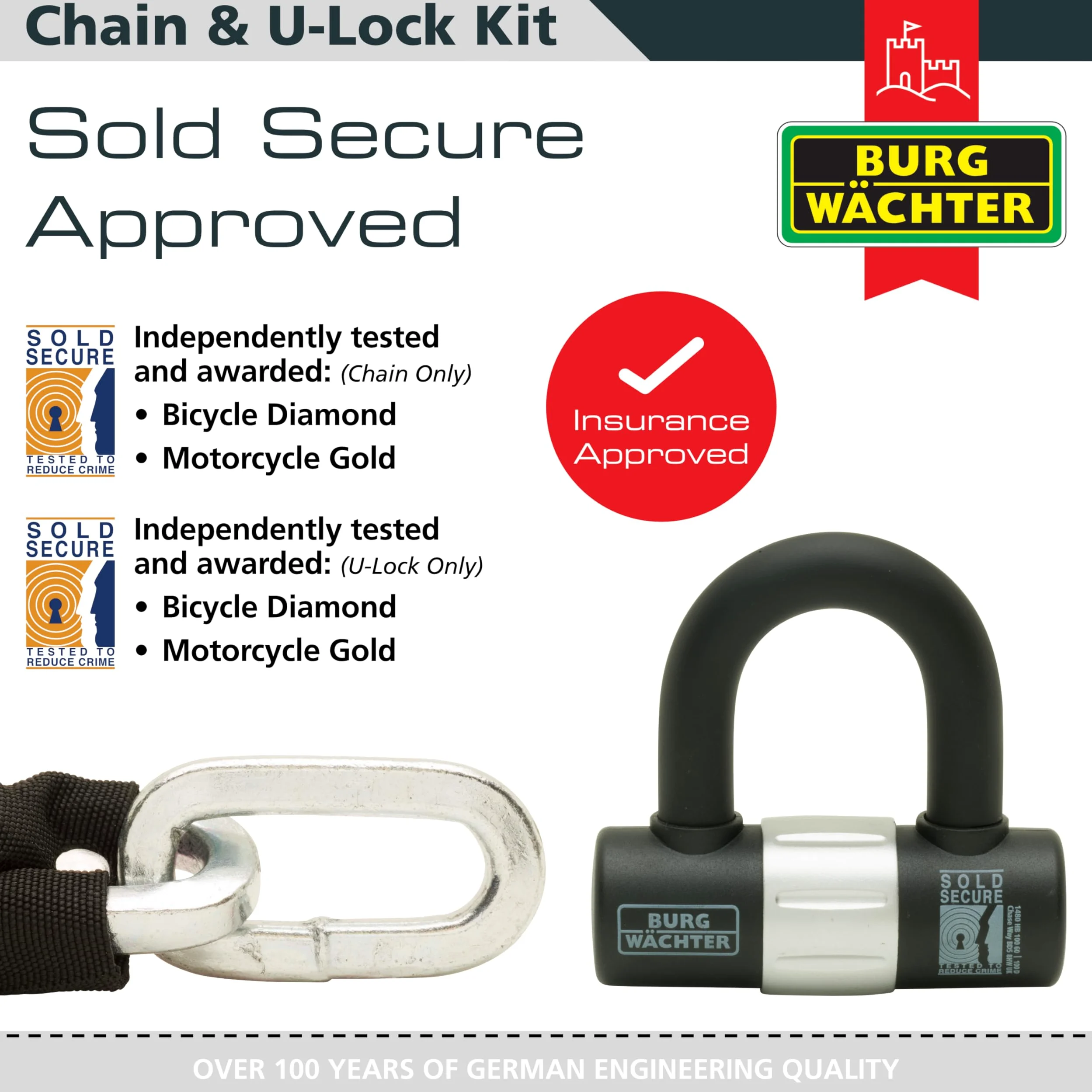 Burg Wachter Sold Secure Diamond & Gold 12 mm con chiave uguale catena e ancoraggio a terra, confezione doppia, nero, 1 m