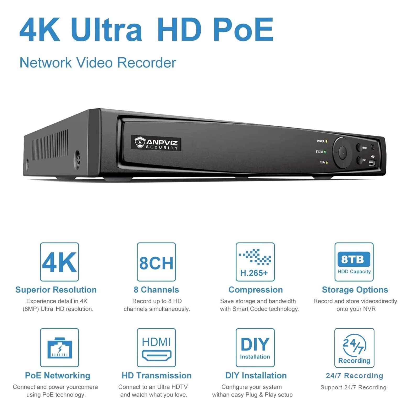 Anpviz Videoregistratore di rete PoE a 16 canali 4K NVR (1080p/3MP/4MP/5MP/6MP/8MP), sistema di videoregistratore di sicurezza domestica IP, conforme H.265+, backup compatibile IVMS4200 (16CH 4K NVR