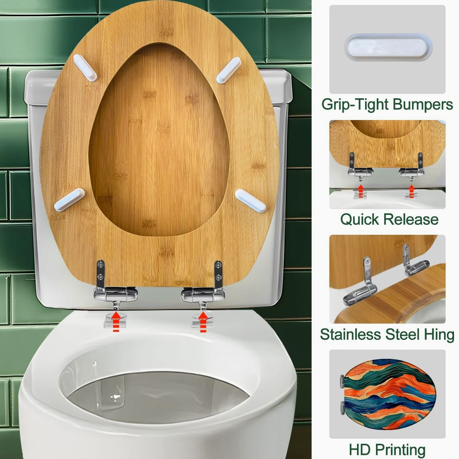 Sedile WC allungato in legno con cerniere a sgancio rapido a chiusura ammortizzata, stampa astratta senza cuciture, copriwater decorativo.