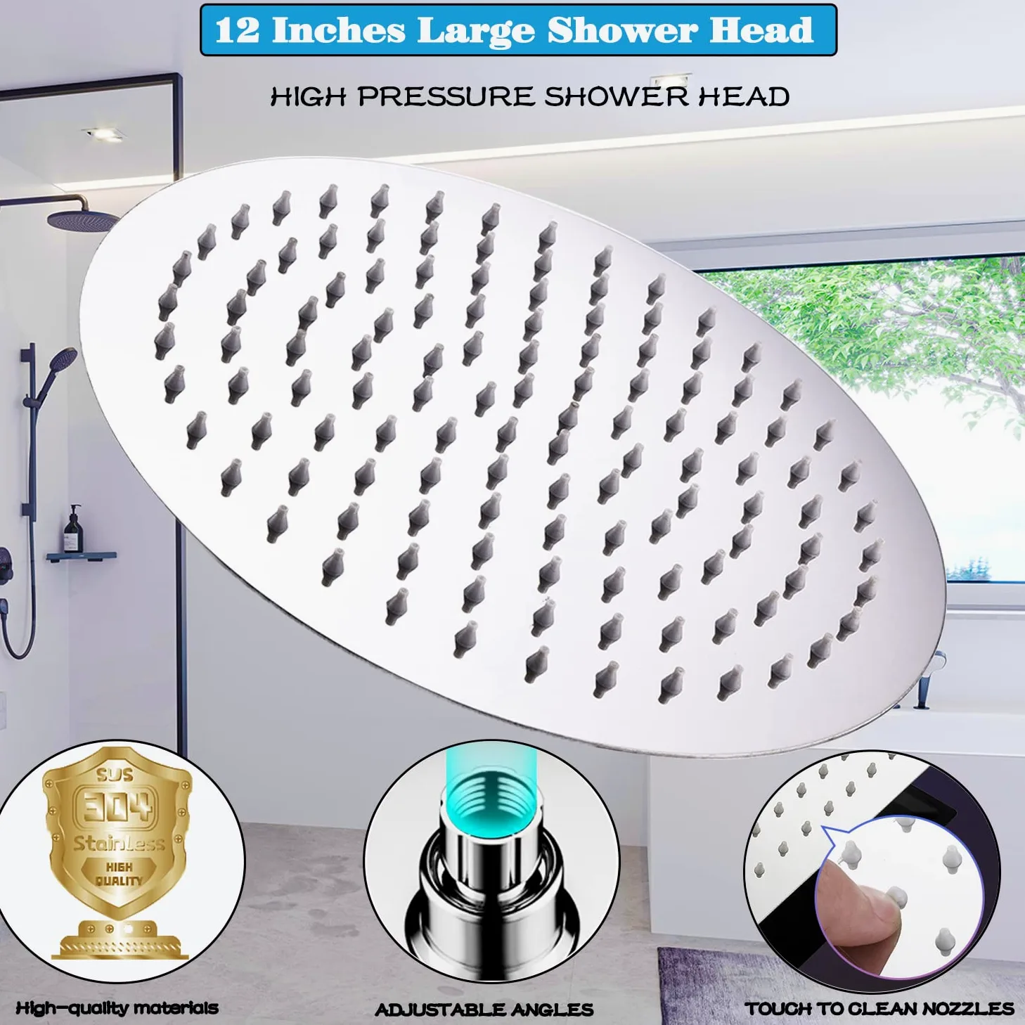 Soffione doccia a pioggia rotonda da 12 pollici in acciaio inox con ugelli anticalcare da 30 cm grande rotondo soffione a pioggia numero di ugelli: 144