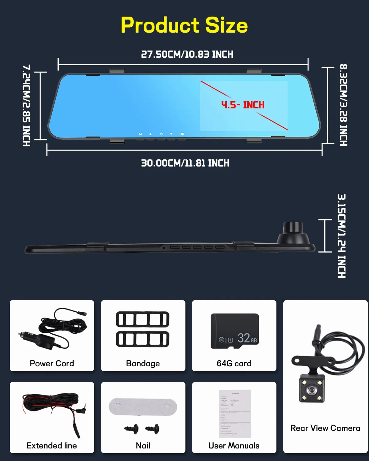 NHOPEEW 1080P Dash Cam con schermo da 4,5 pollici, telecamera anteriore e posteriore, registrazione in loop, linee guida per il parcheggio, visione notturna + scheda da 32 GB
