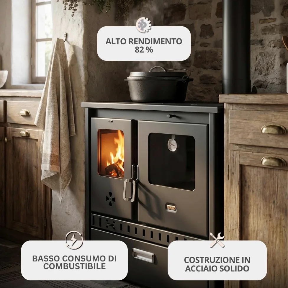 Prity 1P36D - Forno a legna con forno singolo, certificato CE, fornello da cucina compatto a combustibile solido