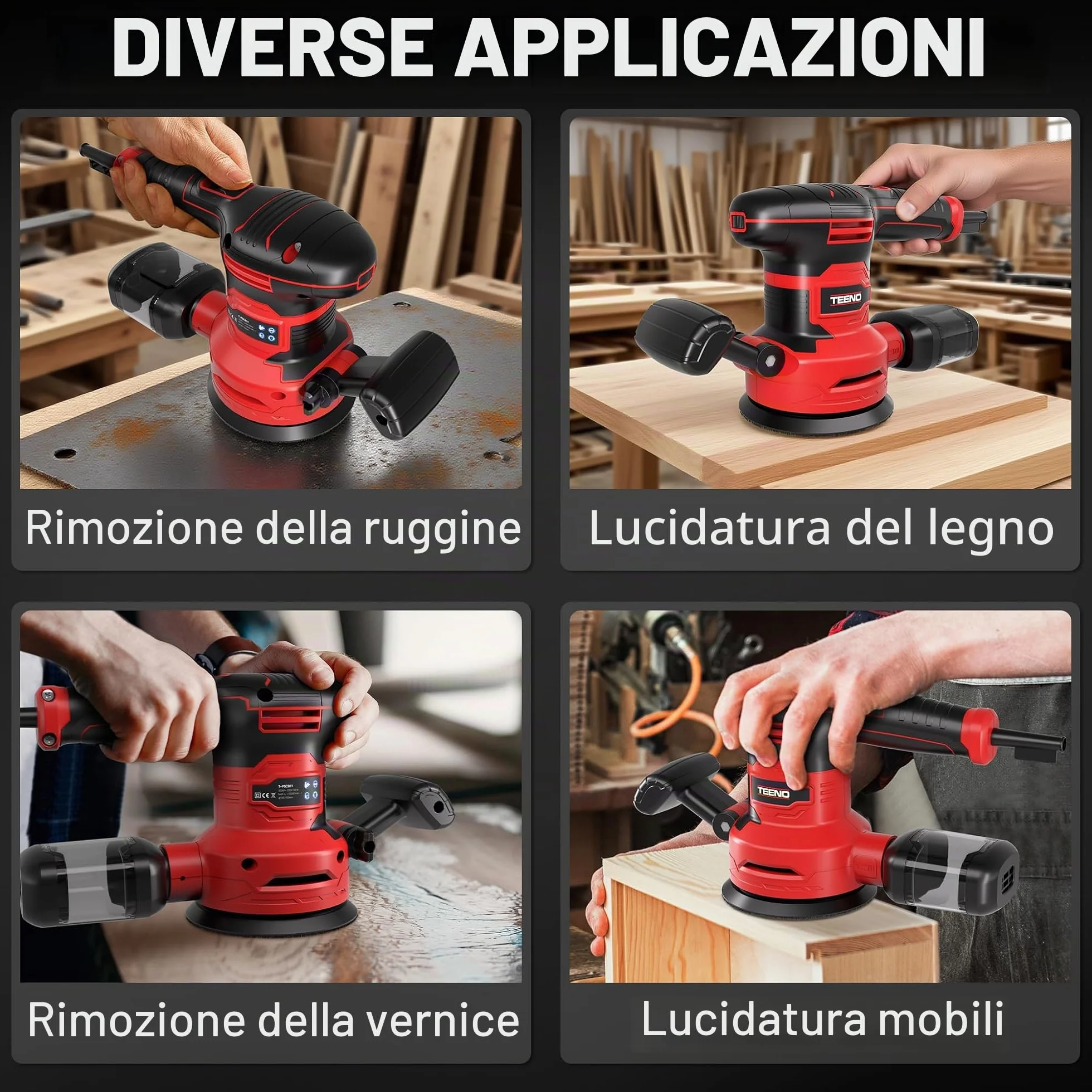 TEENO Levigatrice Orbitale 450W con 6 Velocità, Ø125/150mm, 13000 RPM,20 Dischi Abrasivi, Contenitore Polvere, Cavo 2 m – Con Occhiali e Guanti – Per Legno, Metallo, Plastica