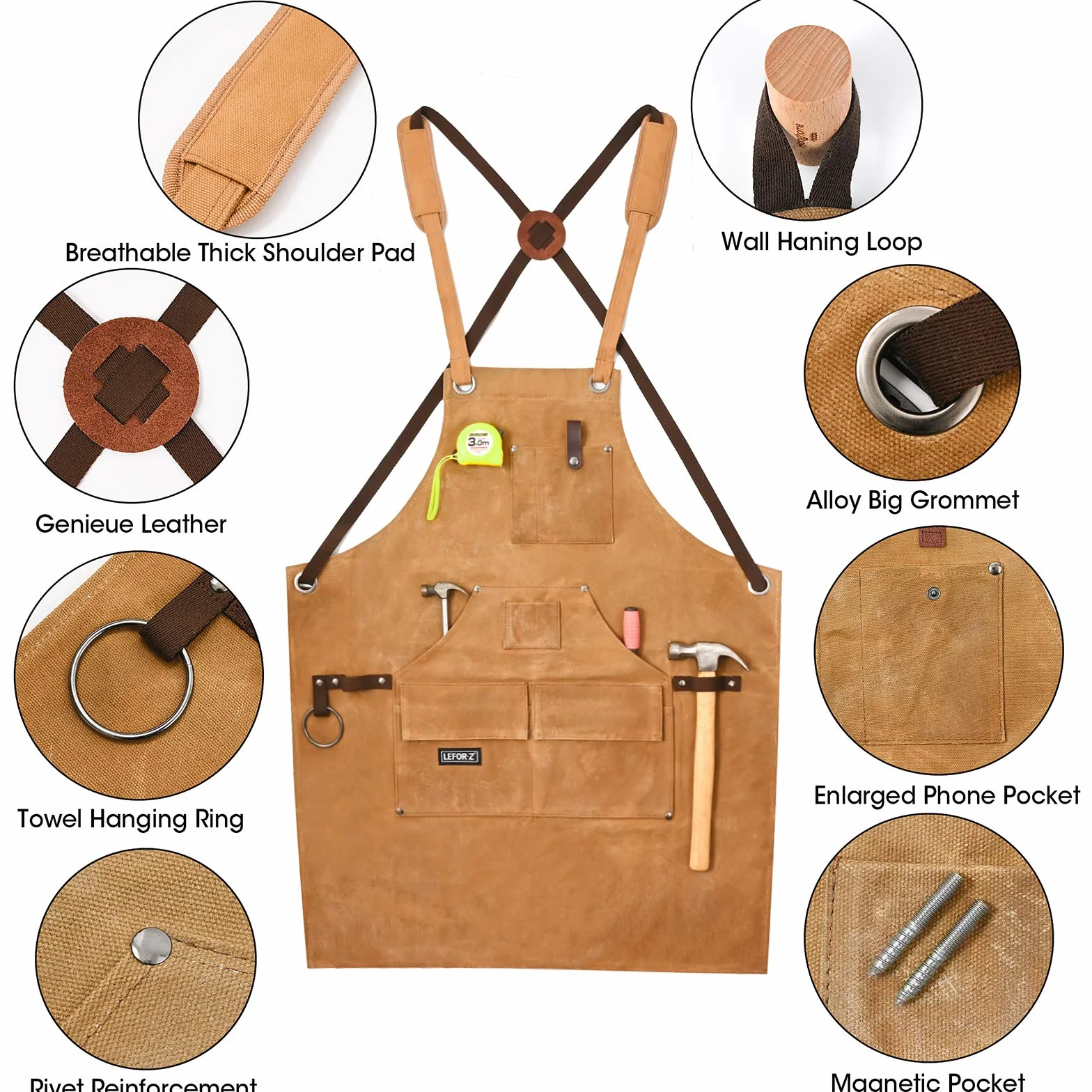 LEFOR·Z Grembiule da Lavoro,Grembiule Falegname,Grembiule da Falegname Uomo con Cinghie Incrociate Sul Retro,Dieci Tasche,Grembiule per Attrezzi In Tela Cerata,Regolabile da M a XXL,Marrone