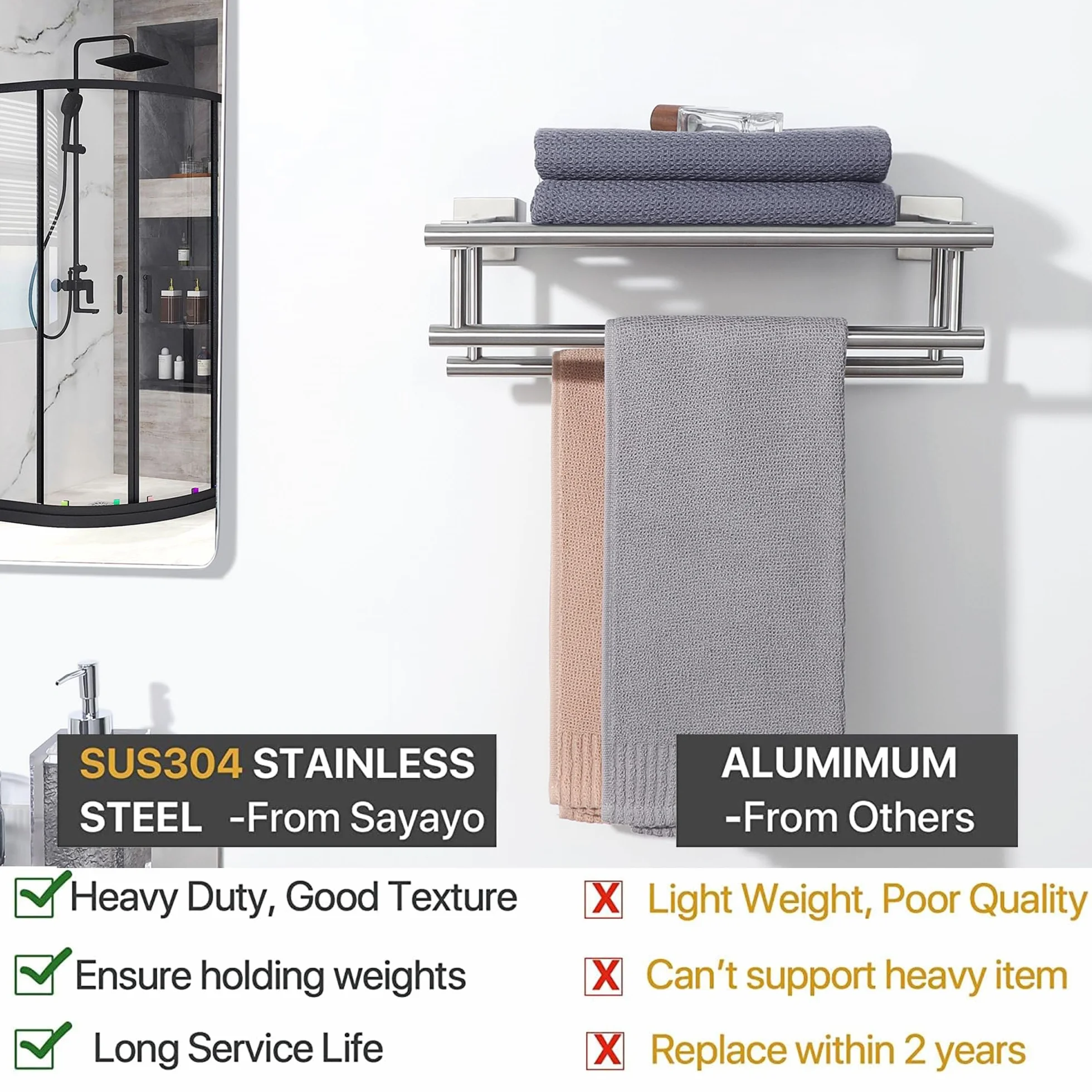 Sayayo Porta Asciugamani Bagno Doppio da Parete 40CM Acciaio Inossidabile SUS304 Grigio Argento