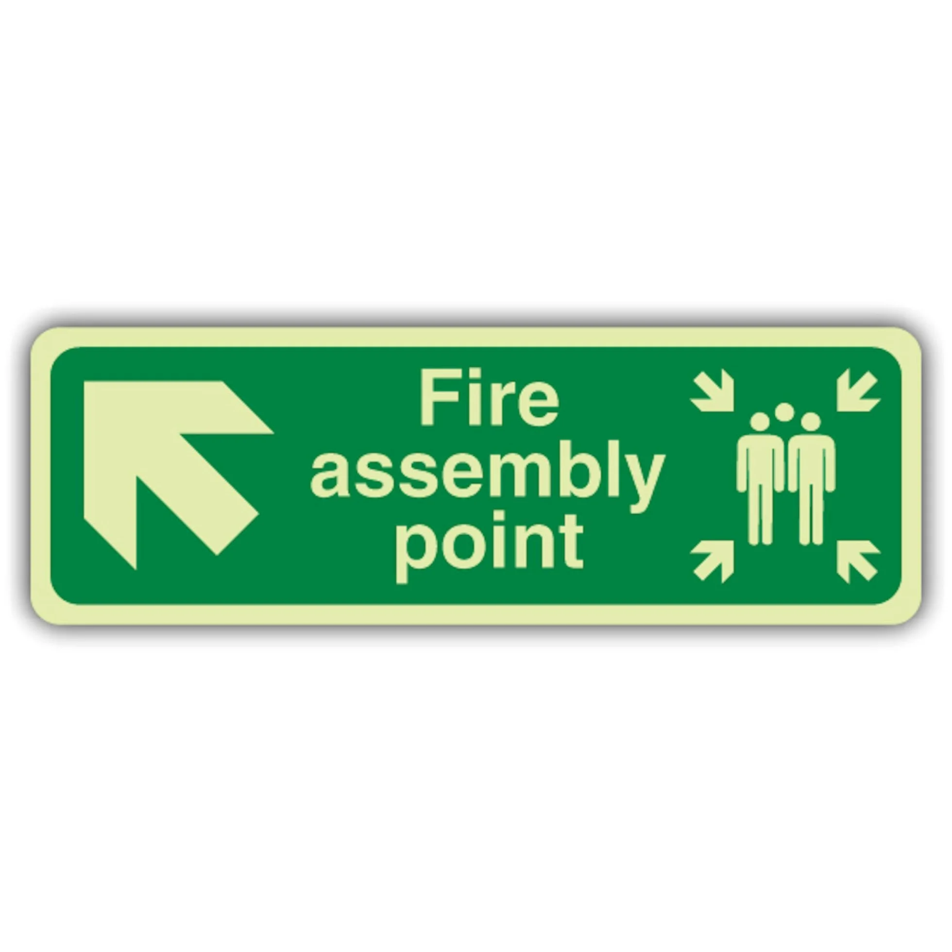 Cartello di sicurezza con scritta "V Safety Glow In The Dark Fire Assembly Point Arrow Up Left Sign – 600 x 200 mm – Realizzato in vinile autoadesivo a doppia luce – Segnaletica antincendio – Made in