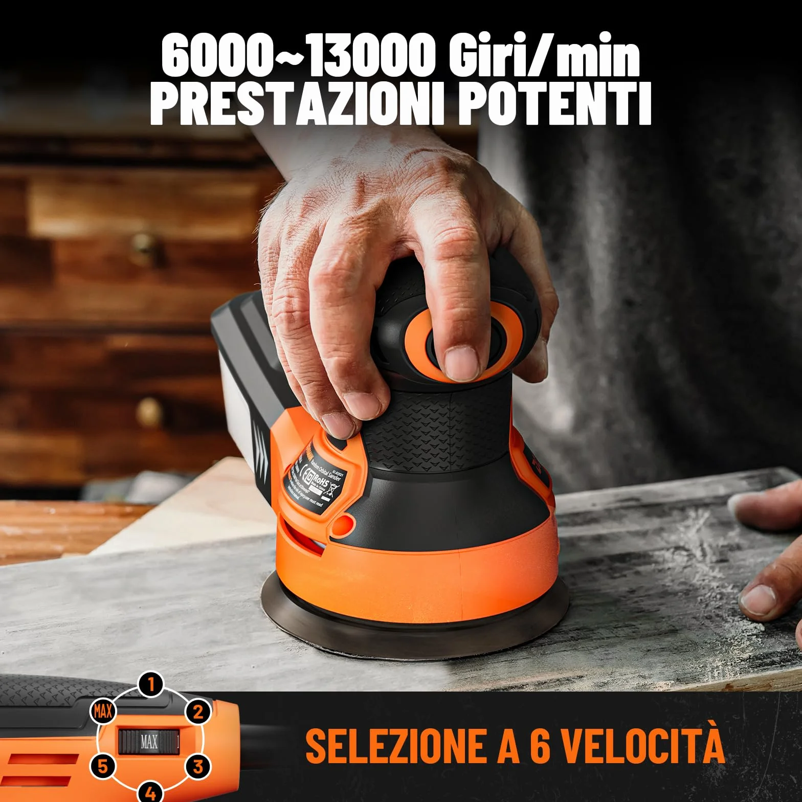 DOVAMAN ROS01A Levigatrice Orbitale,350W, 6 Velocità Variabili, 13000 RPM, 12 Fogli Abrasivi, Disco da 125mm, Raccolta della Polvere, Levigatrice Elettrica per Superfici in Legno e Acciaio