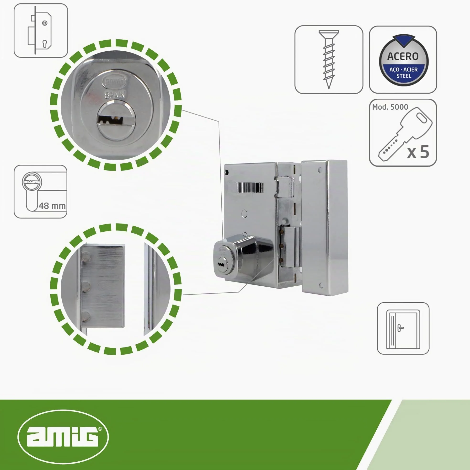 Amig - Serratura da sovrapposizione a destra con leva di chiusura, linguetta e maniglia per porte in legno mod. 75, 72 x 112 mm, cilindro rotondo di sicurezza, acciaio argentato