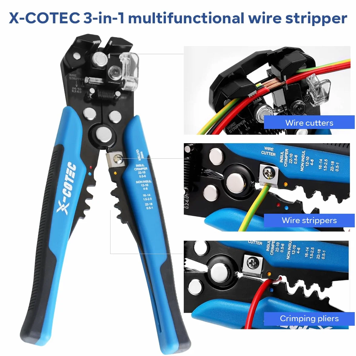 Pinza Spelafili Elettricista 3 in 1, Pinza Spellacavi Elettrici Professionale, Spellafili e Tagliafili Multifunzione, a Crimpare per Cavi 24-10 AWG