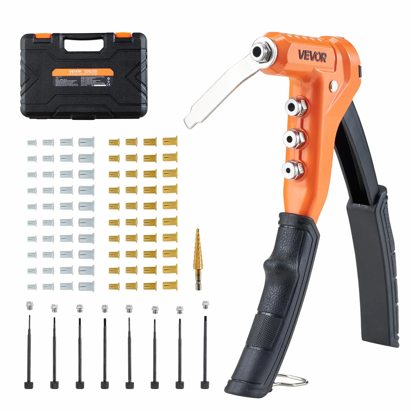 VEVOR Kit Rivettatrice per Filettati a Cricchetto 230 mm, 8 Mandrini, Punta per Trapano a Gradini, 80 Dadi, Custodia per Trasporto